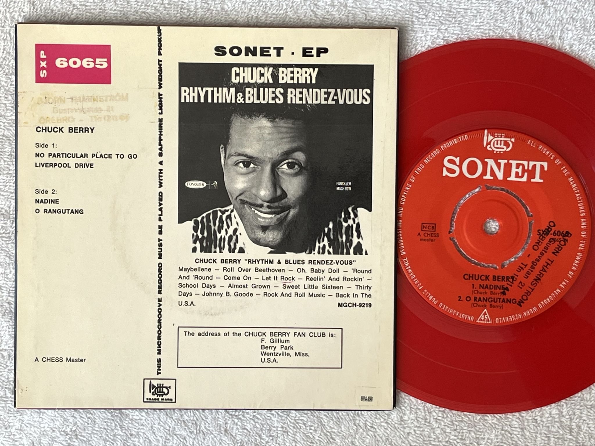 Omslagsbild för skivan CHUCK BERRY No Particular Place To Go 7"ep -64 Swe SONET SXP-6065 * RED VINYL *
