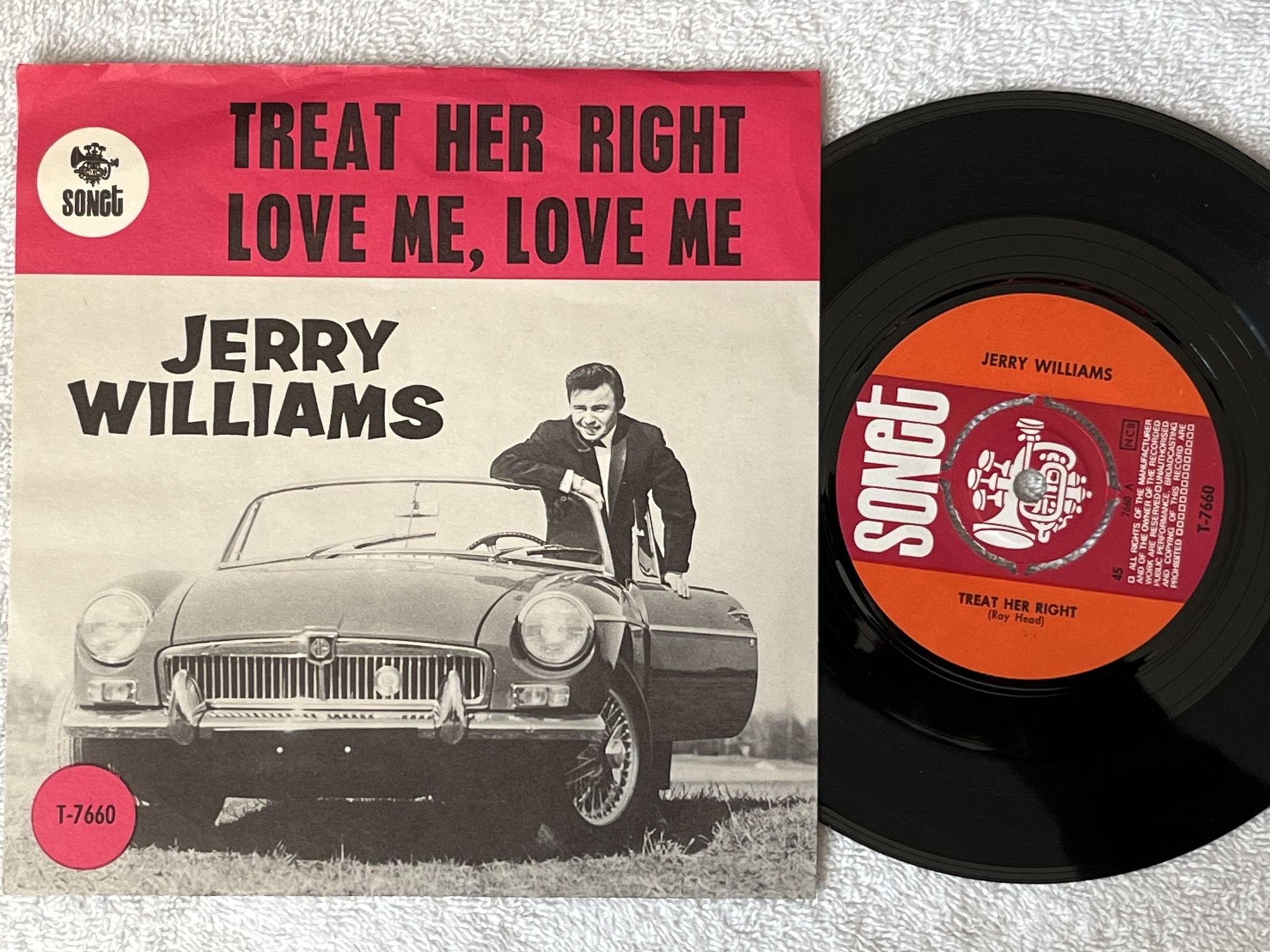 Omslagsbild för skivan JERRY WILLIAMS treat her right 7" -66 Swe SONET T-7660 ** Purple top bar **