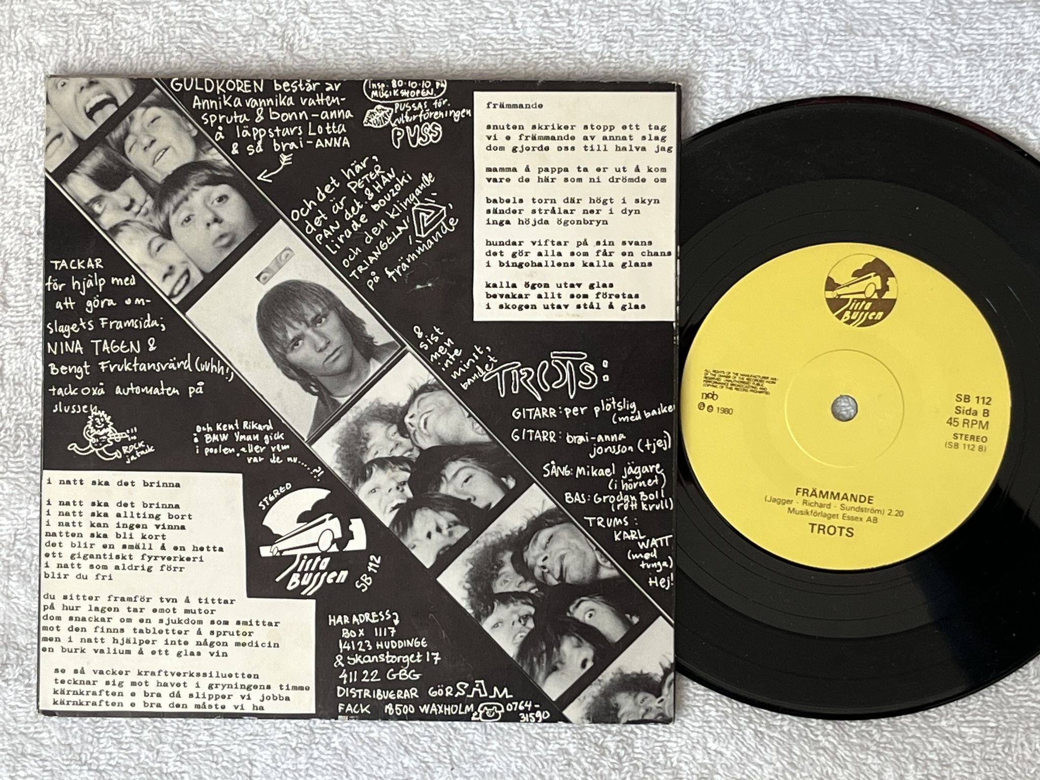 Omslagsbild för skivan TROTS I natt ska det brinna 7" -79 Swe -80 SISTA BUSSEN SB 112