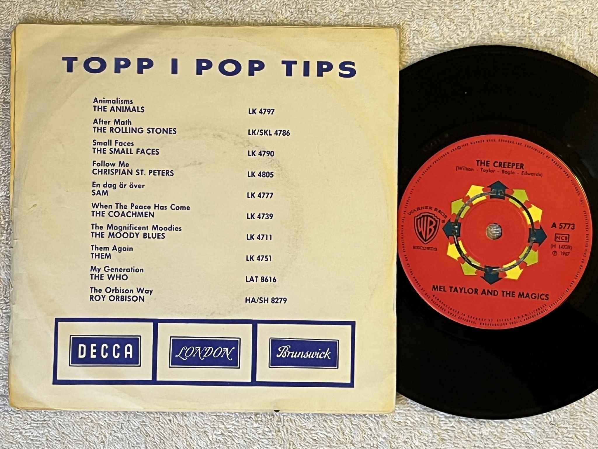 Omslagsbild för skivan MEL TAYLOR AND THE MAGICS bongo rock 7" -67 Swe WARNER BROS A 5773