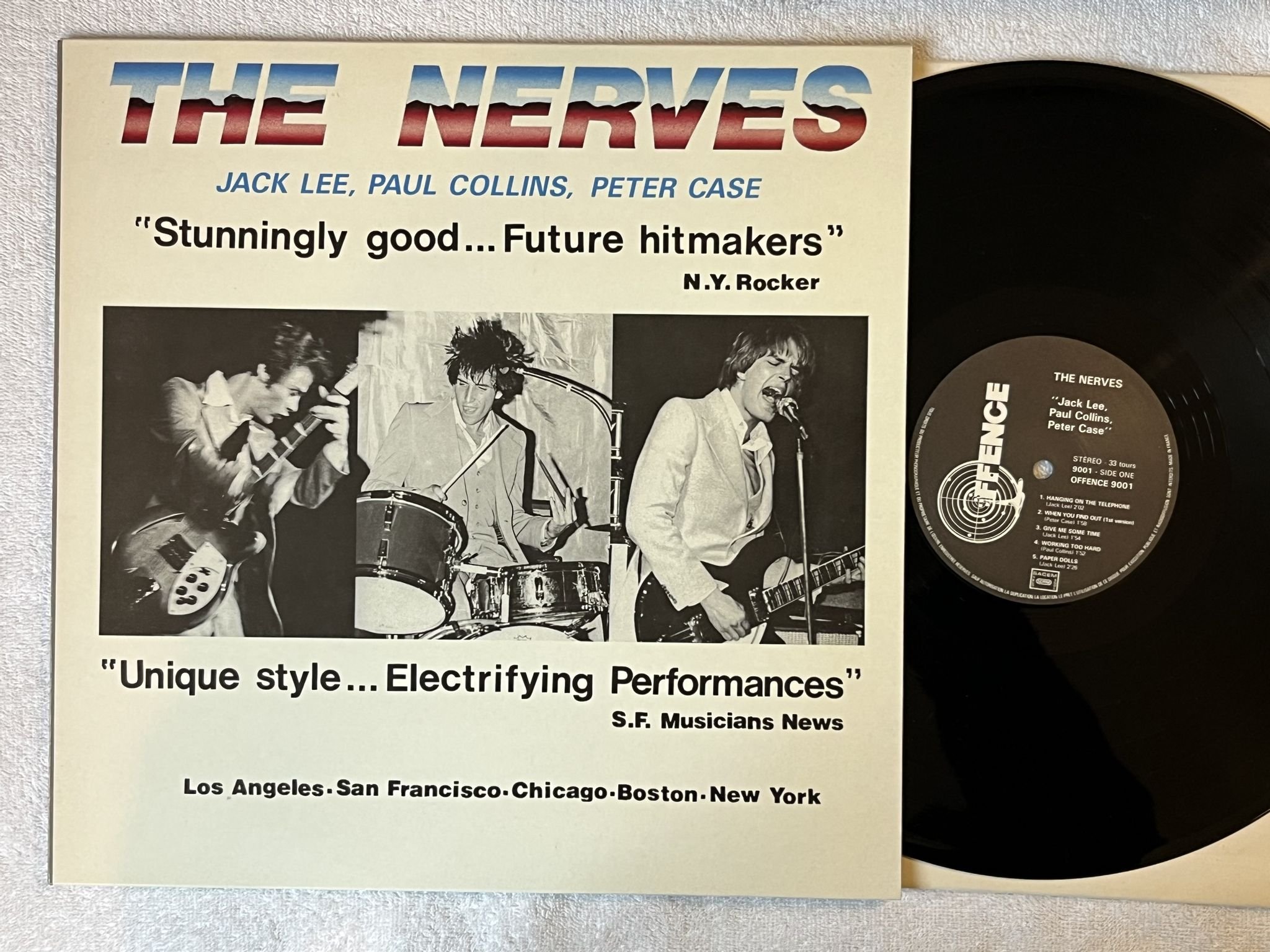 Omslagsbild för skivan THE NERVES Jack Lee, Paul Collins, Peter Case LP -86 Fra OFFENCE RECORDS 9001