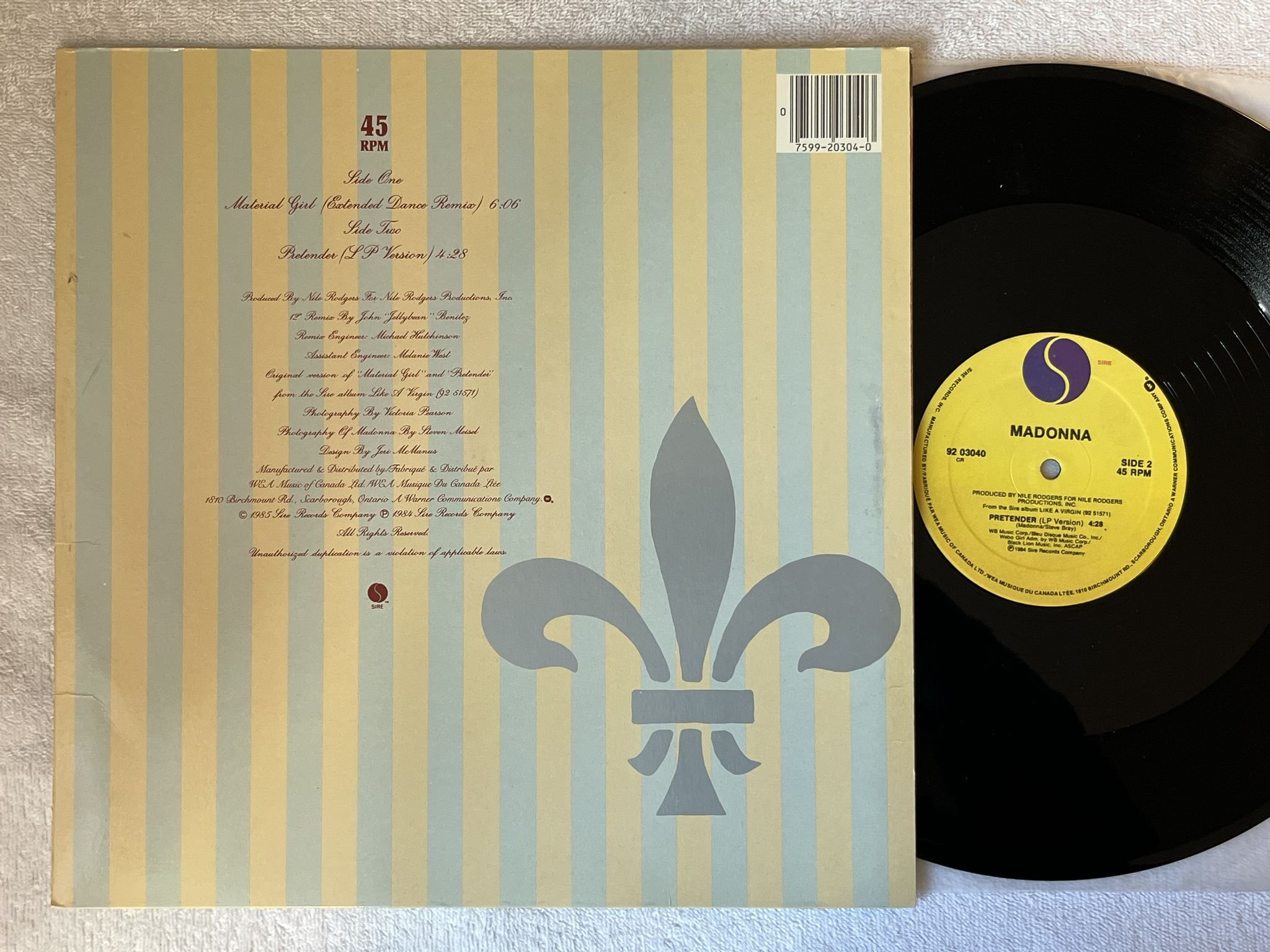 Omslagsbild för skivan MADONNA Material Girl 12" -84 Can SIRE 9203040