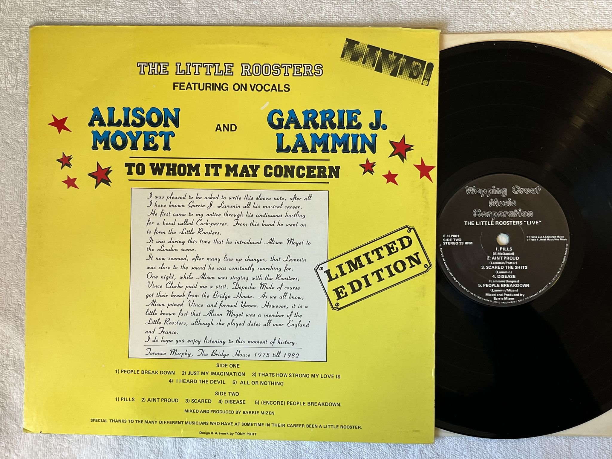 Omslagsbild för skivan THE LITTLE ROOSTER live! LP -83 UK WAPPING GREAT MUSIC E.1LP001