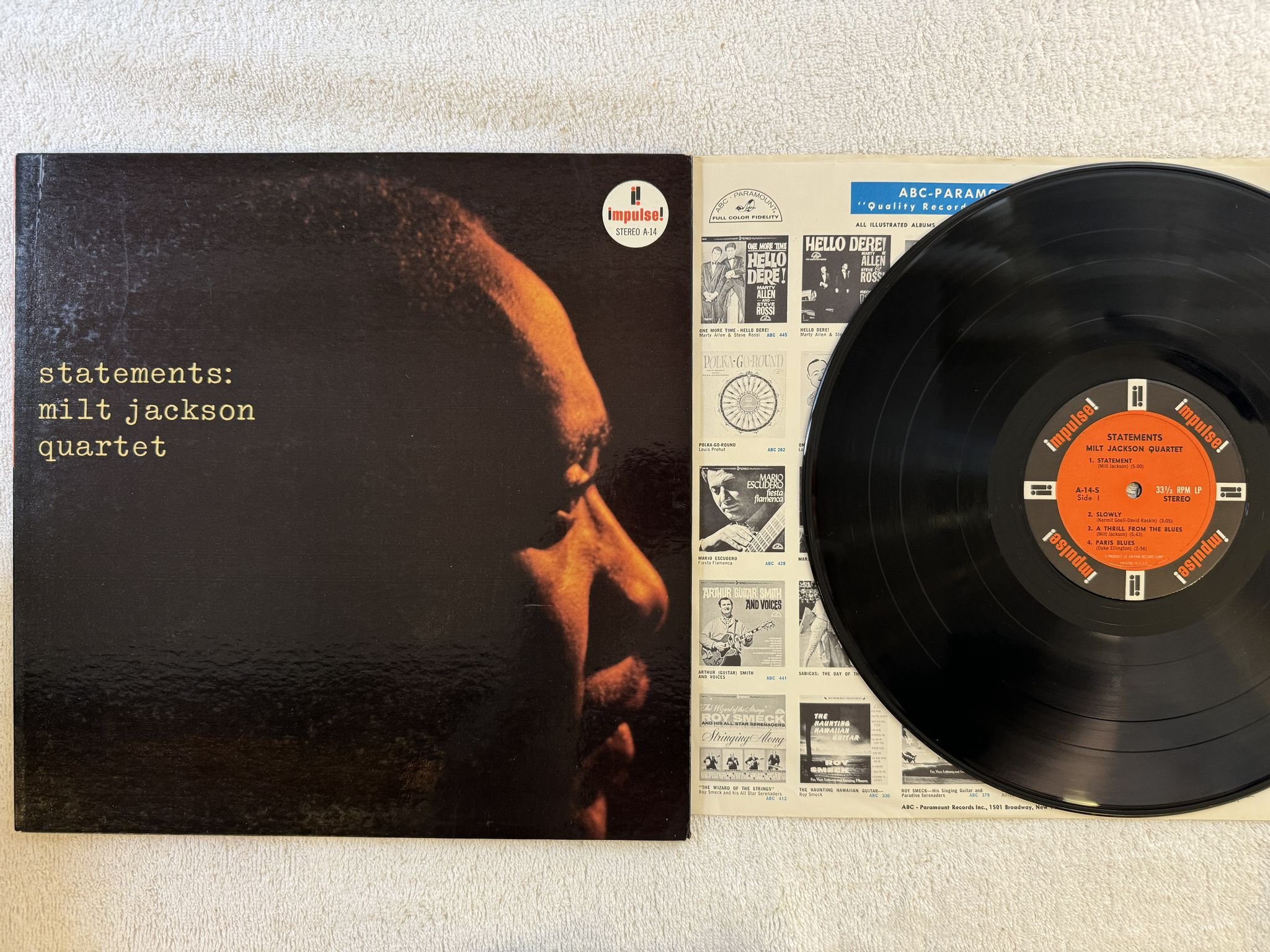 Omslagsbild för skivan MILT JACKSON QUARTET statements LP -62 US IMPULSE! A-14 *** AMPAR ***