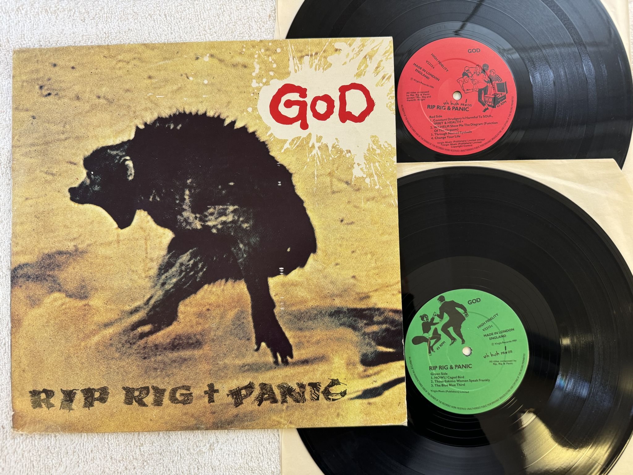 Omslagsbild för skivan RIP RIG + PANIC God 2xLP -81 UK UH HUH PRODS V2213