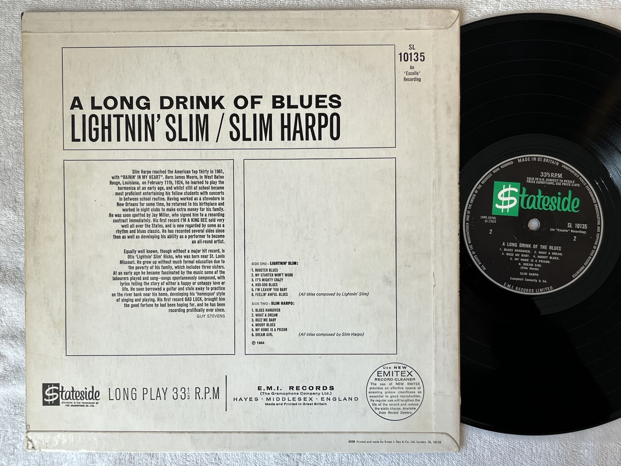 Omslagsbild för skivan LIGHTNIN' SLIM HARPO a long drink of blues LP -65 UK STATESIDE SL 10135