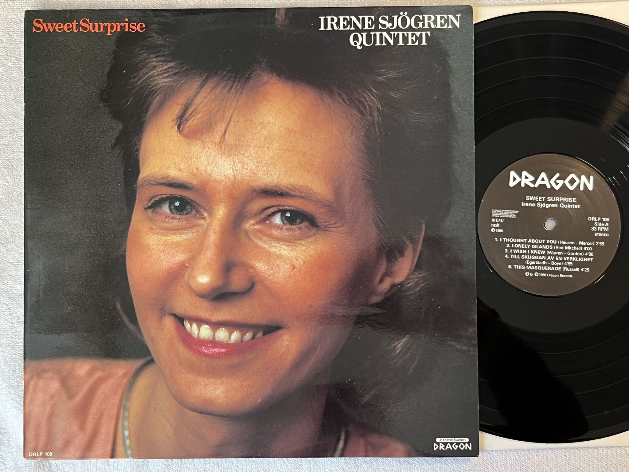 Omslagsbild för skivan IRENE SJÖGREN QUINTET sweet surprise LP -86 ncb DRAGON DRLP 109