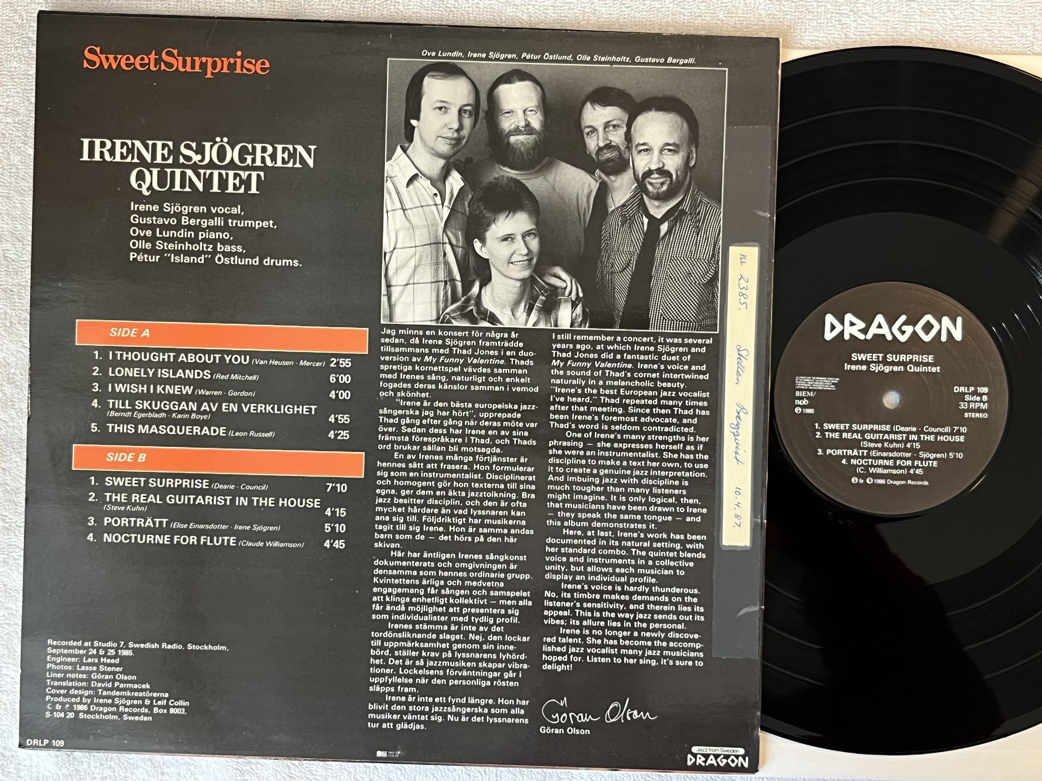 Omslagsbild för skivan IRENE SJÖGREN QUINTET sweet surprise LP -86 ncb DRAGON DRLP 109