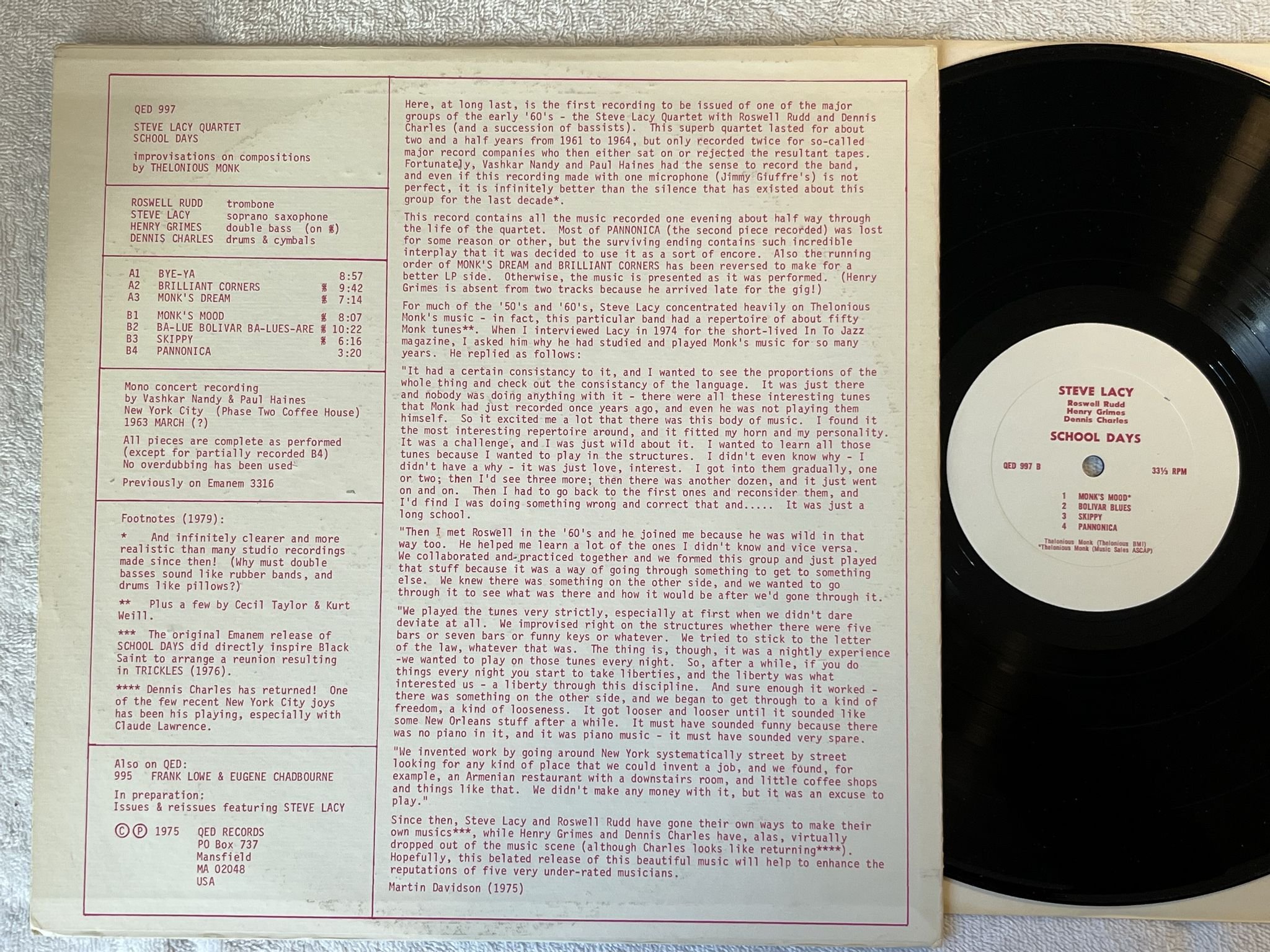 Omslagsbild för skivan STEVE LACY school days LP -75/79 US QED RECORDS 997 *** Rare free jazz ***