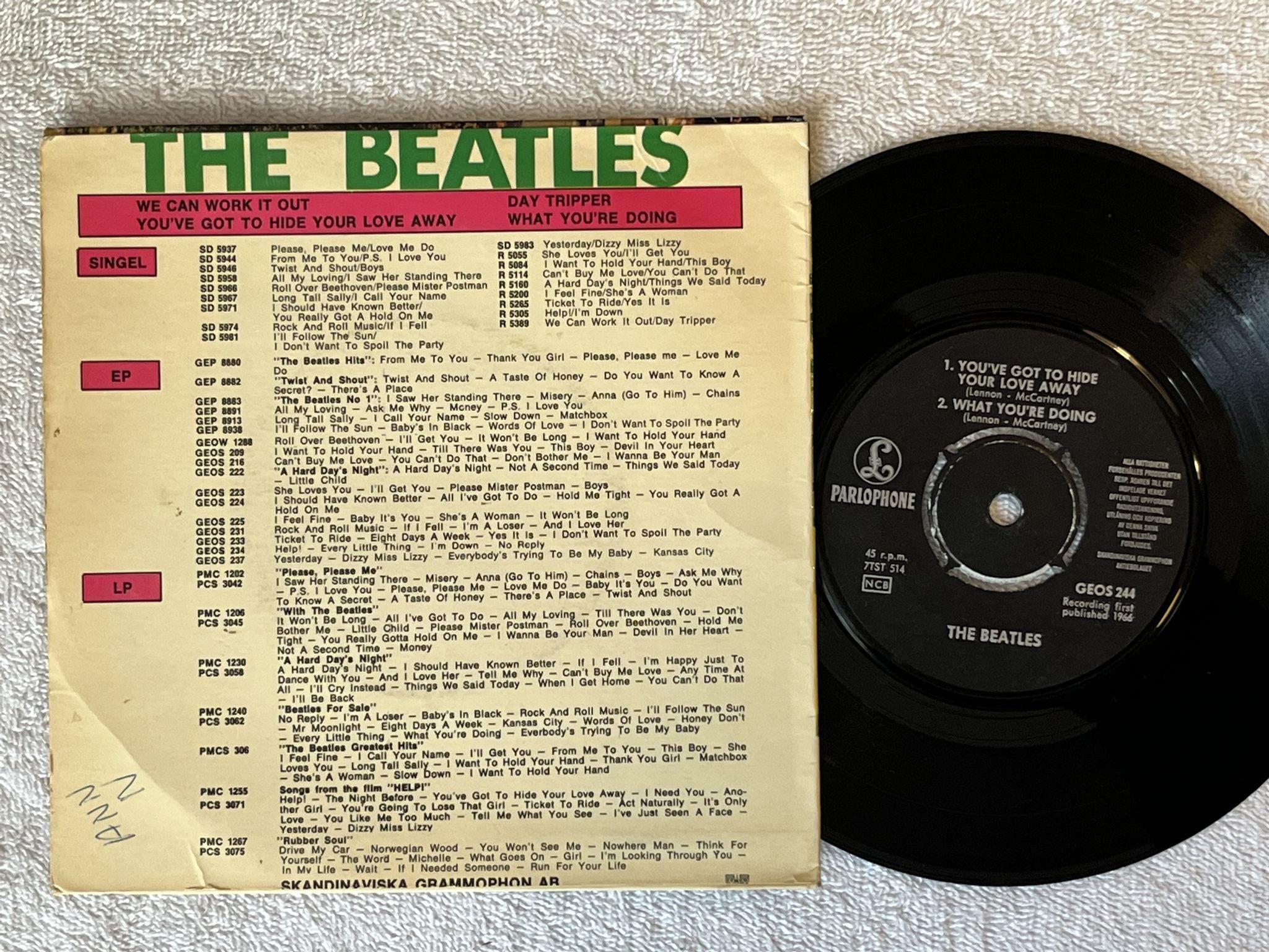 Omslagsbild för skivan THE BEATLES We Can Work It Out 7" -66 Swe PARLOPHONE GEOS 244 ** RARE **