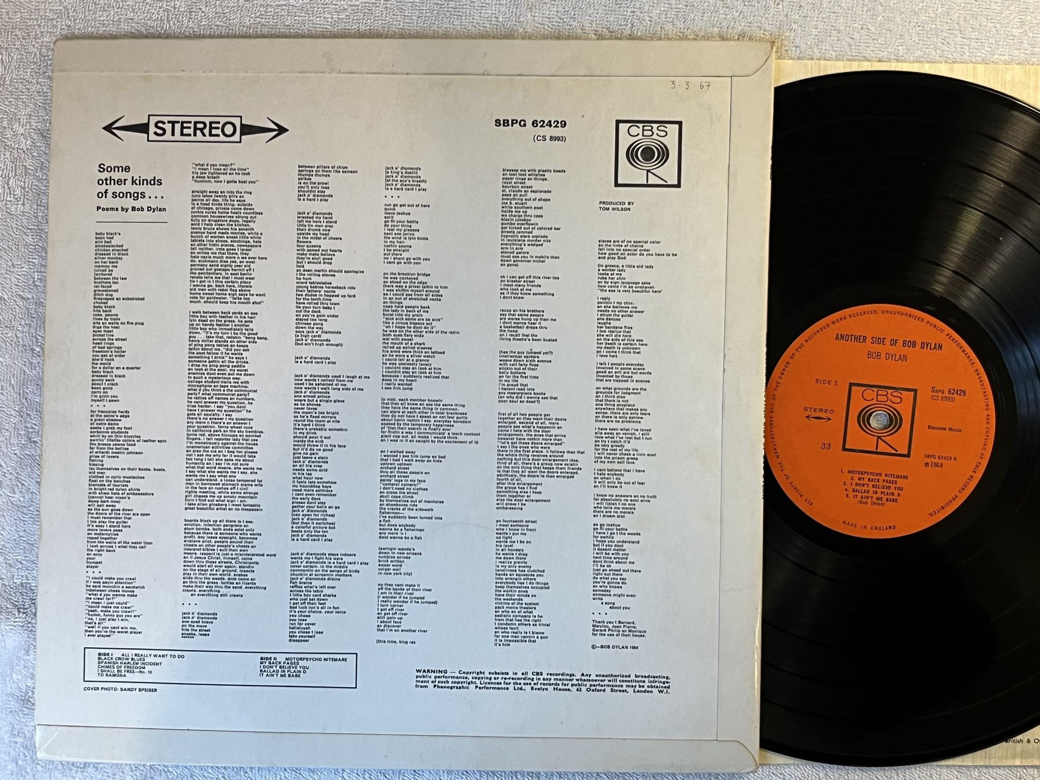 Omslagsbild för skivan BOB DYLAN another side of Bob Dylan LP -64 UK CBS SBPG 62429 *** 33 only ***