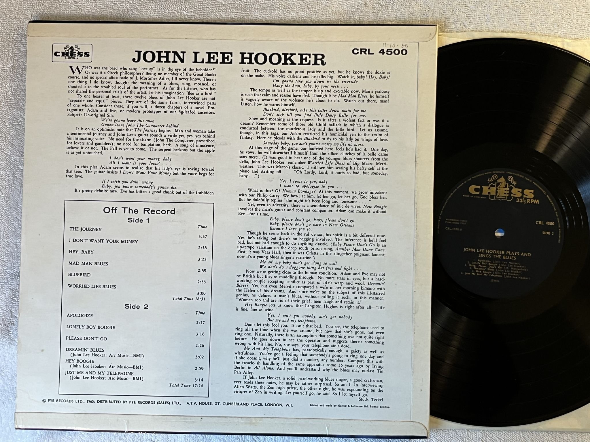 Omslagsbild för skivan JOHN LEE HOOKER plays and sings the blues LP -65 UK CHESS CRL 4500