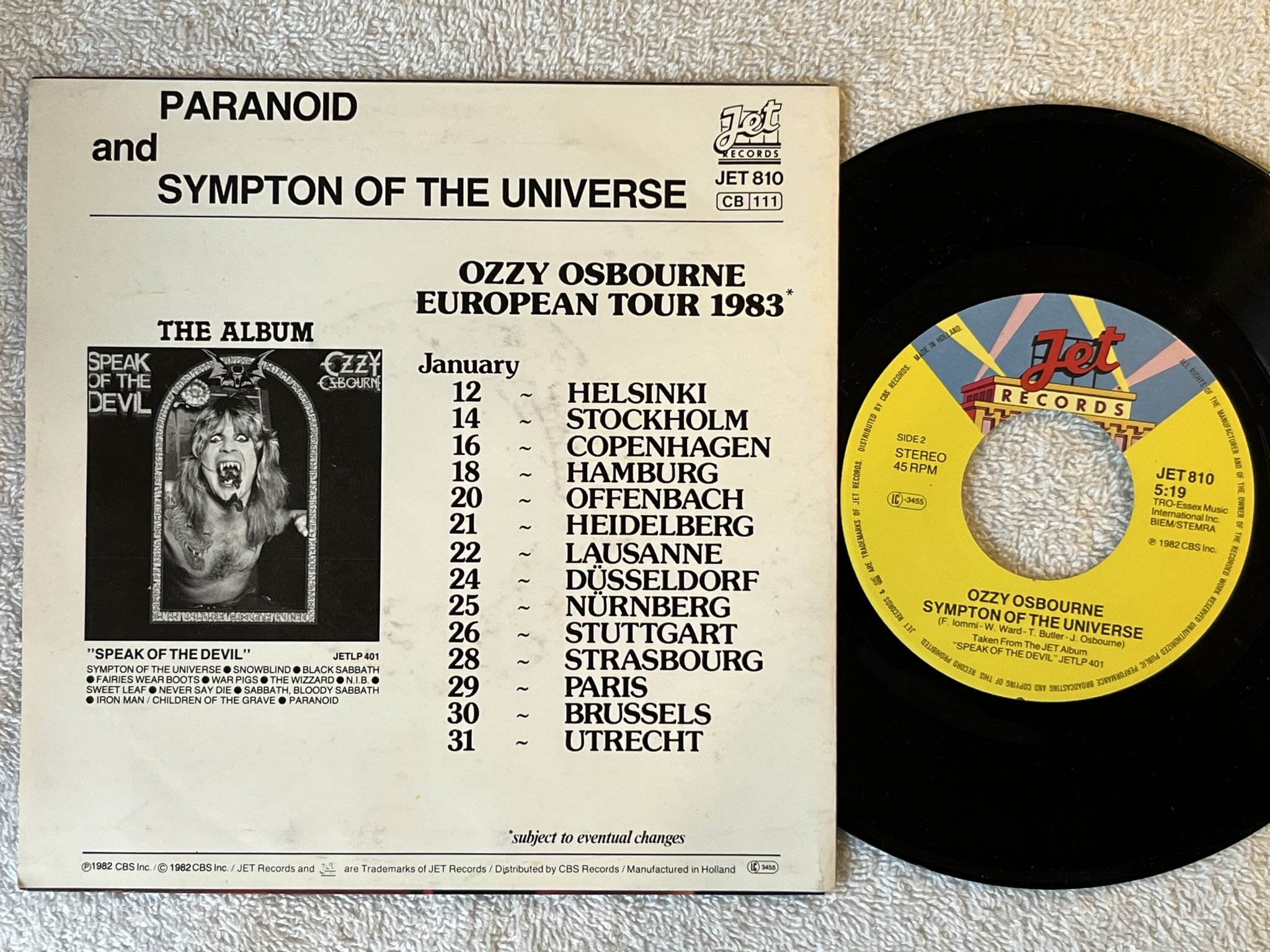 Omslagsbild för skivan OZZY OSBOURNE paranoid 7" -82 JET RECORDS JET 810
