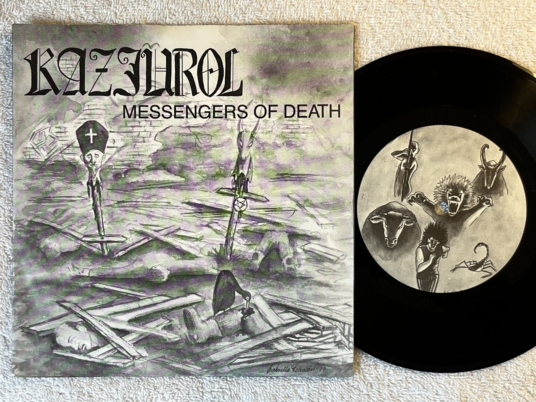 Omslagsbild för skivan KAZJUROL Messengers Of Death 7" -87 Swe UPROAR 004