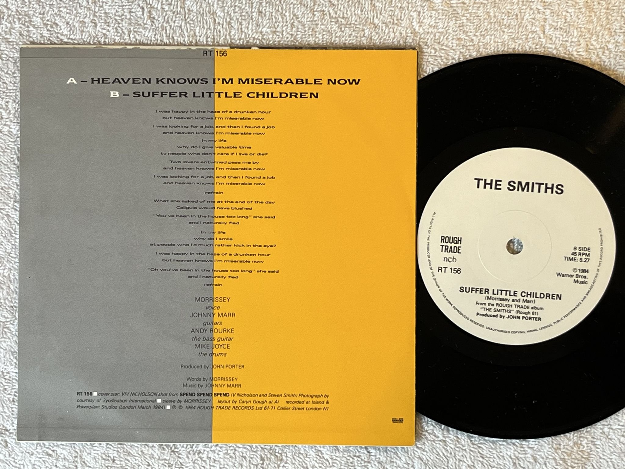 Omslagsbild för skivan THE SMITHS Heaven Knows I'm Miserable Now 7" -84 ncb ROUGH TRADE RT 156