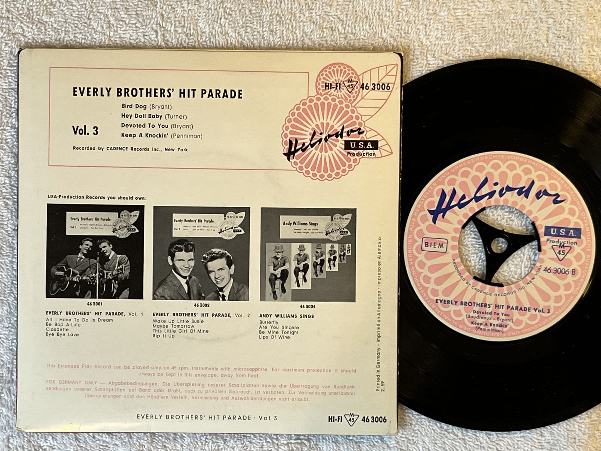 Omslagsbild för skivan Everly Brothers' Hit Parade Vol. 3 7"ep -59 HELIODOR 463006