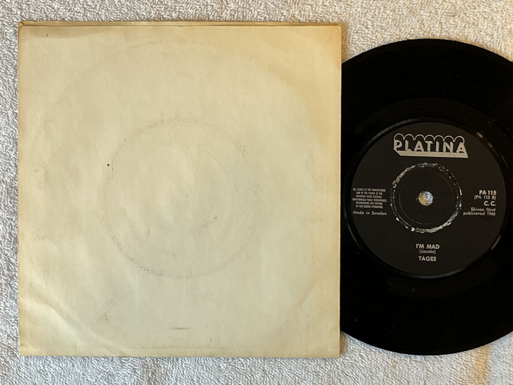 Omslagsbild för skivan TAGES I'm mad 7" -66 Swe PLATINA PA 115
