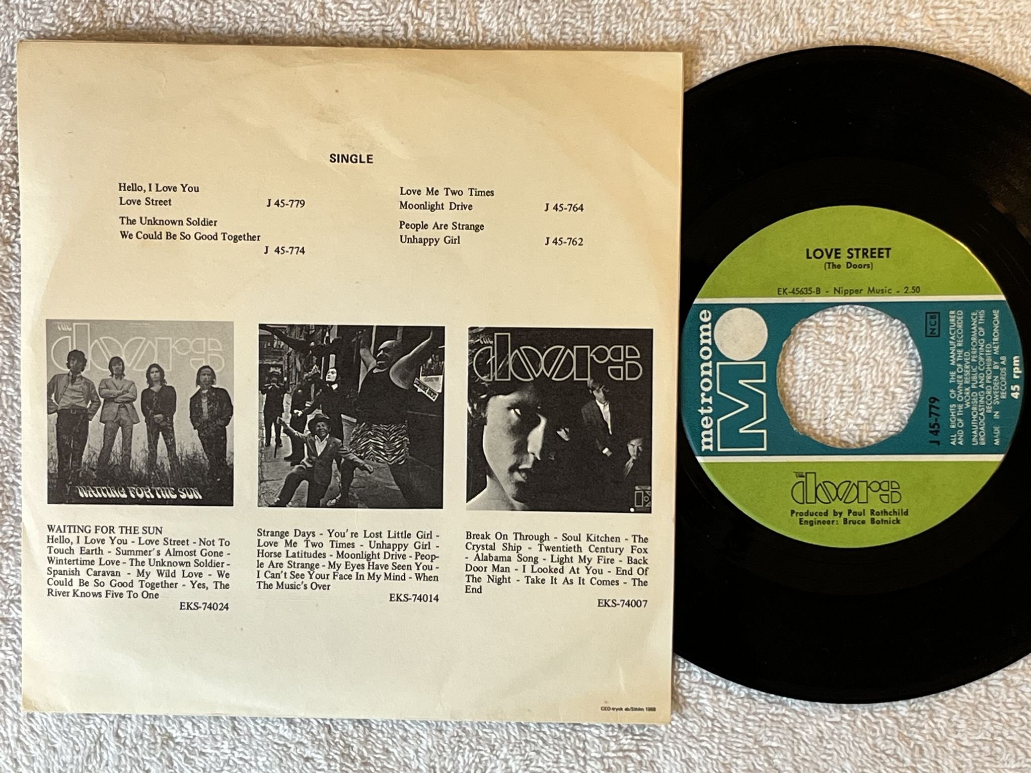 Omslagsbild för skivan THE DOORS hello, I love you 7" -68 Swe METRONOME J 45-779