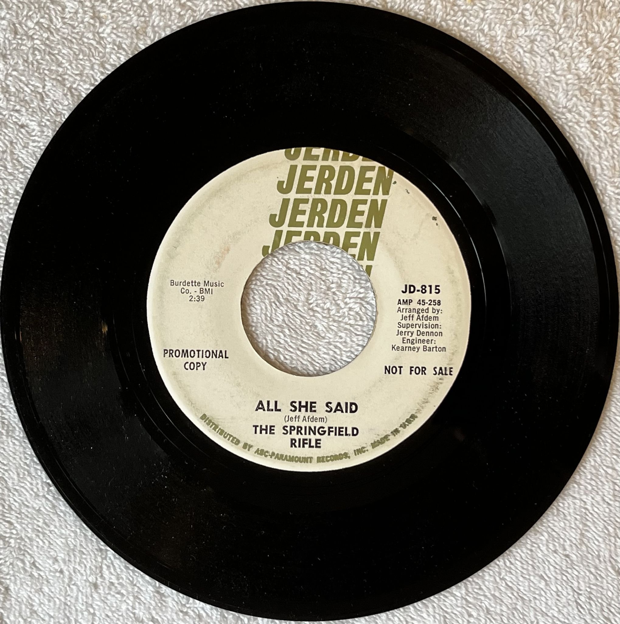 Omslagsbild för skivan THE SPRINGFIELD RIFLE all she said 7" -67 US JERDEN JS 815 *** PROMO ***