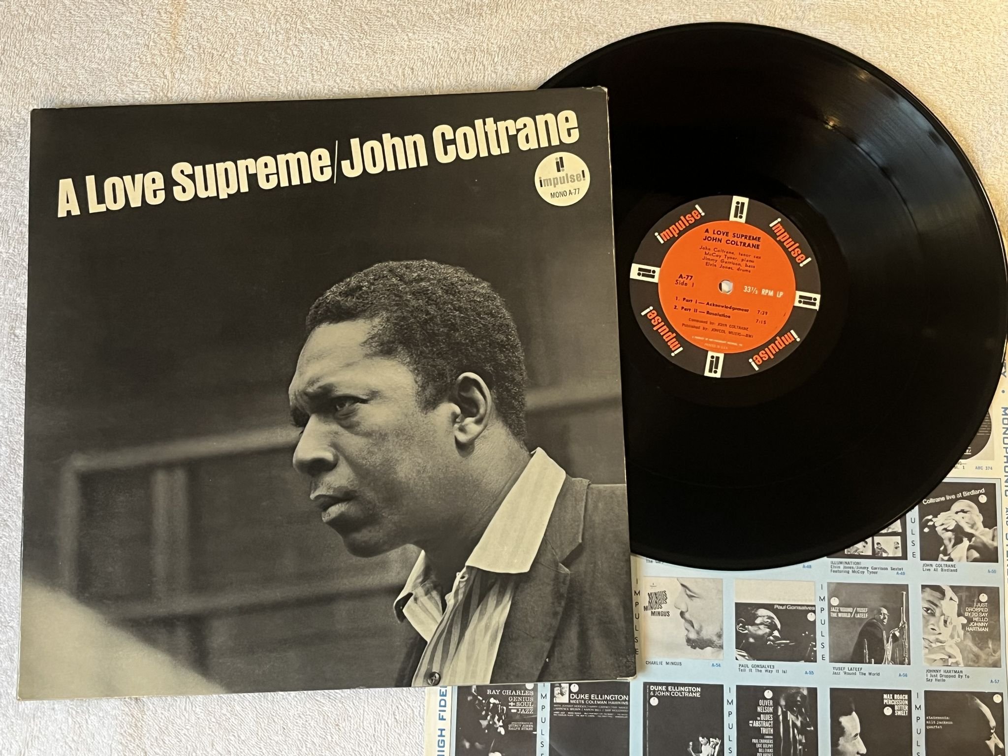 Omslagsbild för skivan JOHN COLTRANE a love supreme LP -65 US IMPULSE! A-77 *** RARE CLASSIC ***