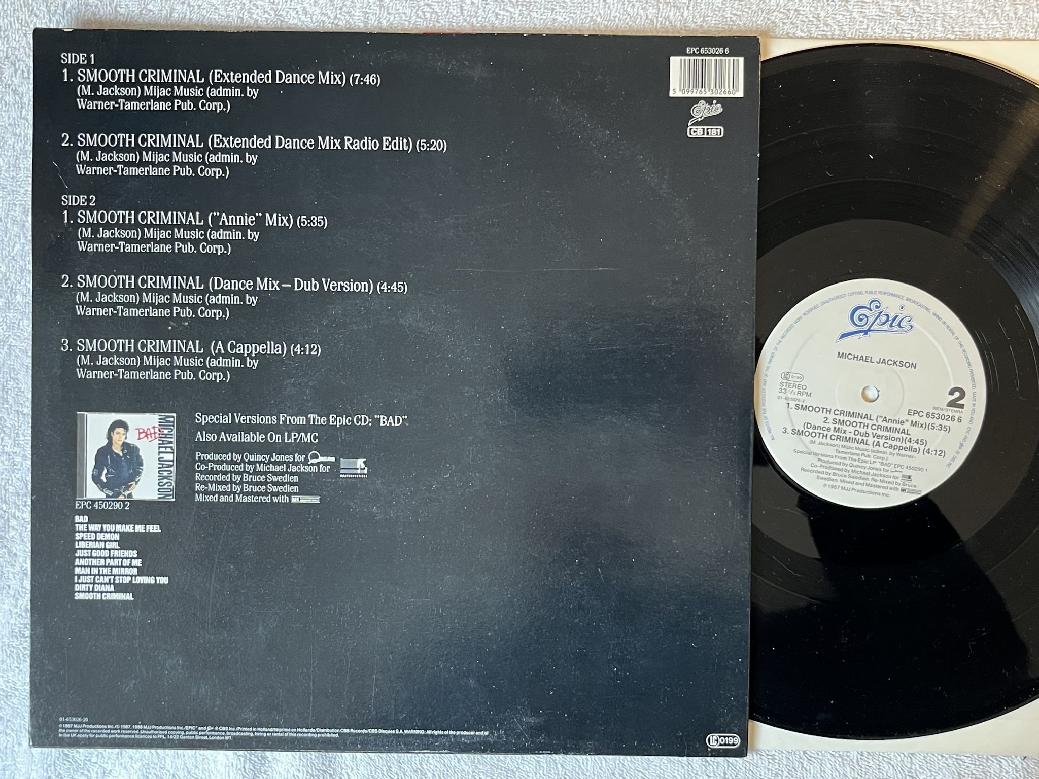Omslagsbild för skivan MICHAEL JACKSON smooth criminal 12"Single -87 Hol EPIC EPC 6530266