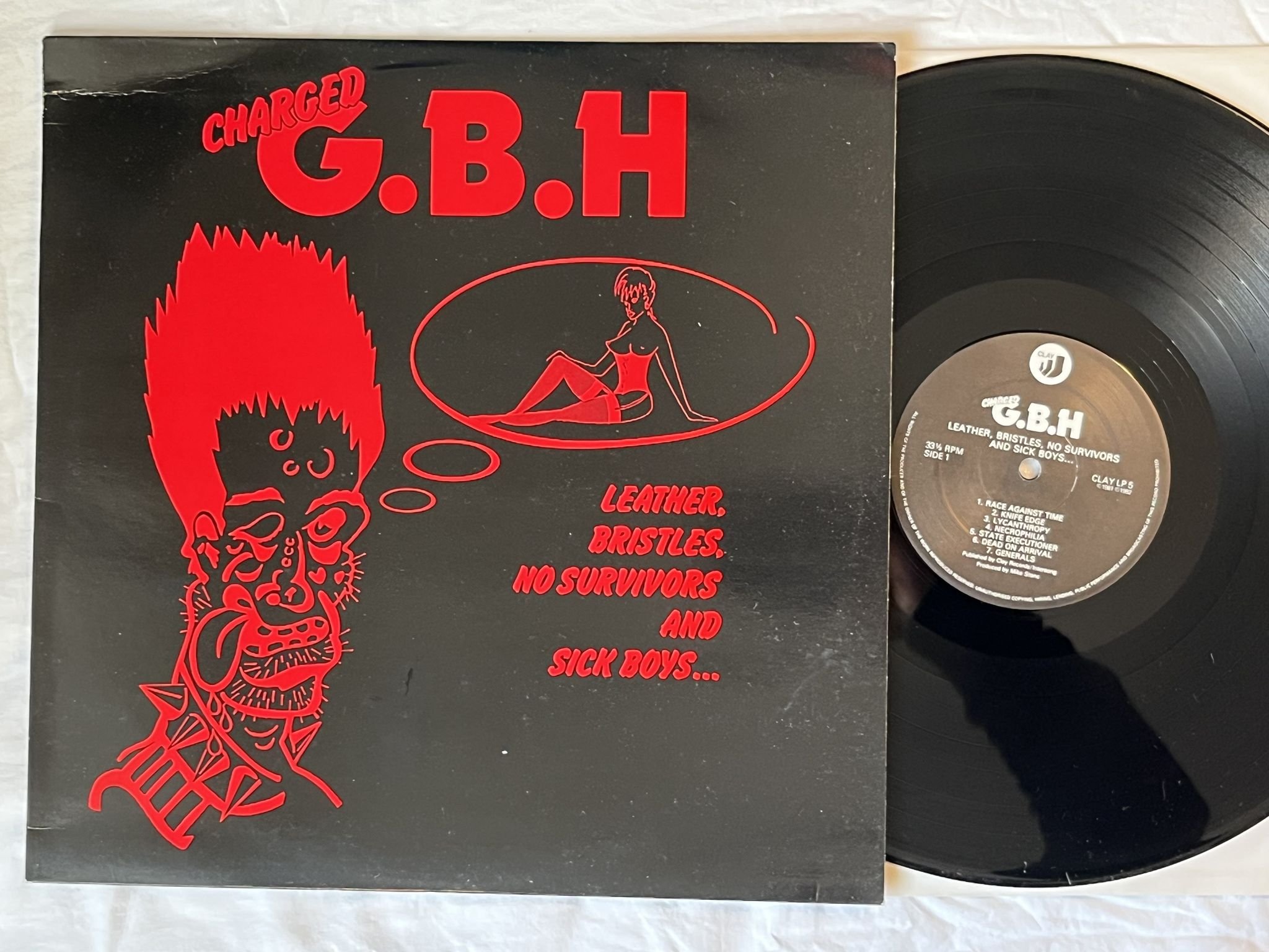 Omslagsbild för skivan G.B.H. leather bristles no survivors and sick boys LP -82 UK CLAY LP5