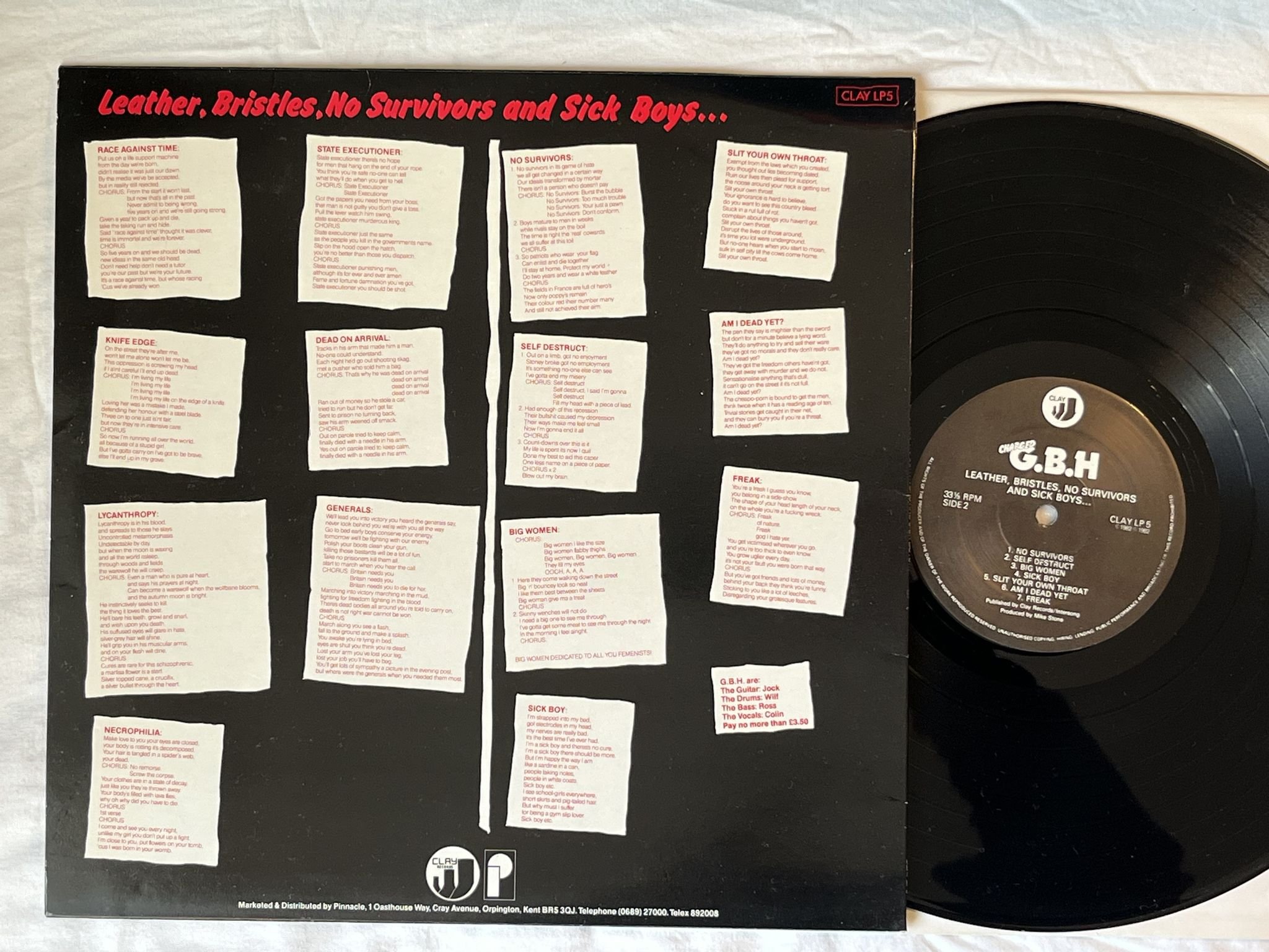Omslagsbild för skivan G.B.H. leather bristles no survivors and sick boys LP -82 UK CLAY LP5