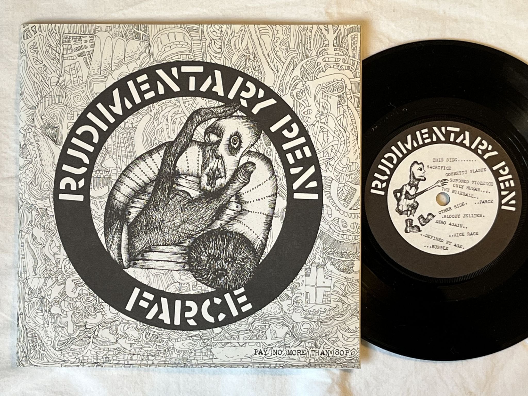 Omslagsbild för skivan RUDIMENTARY PENI Farce 7" -82 UK CRASS 221984/2 *** RARE PUNK ***