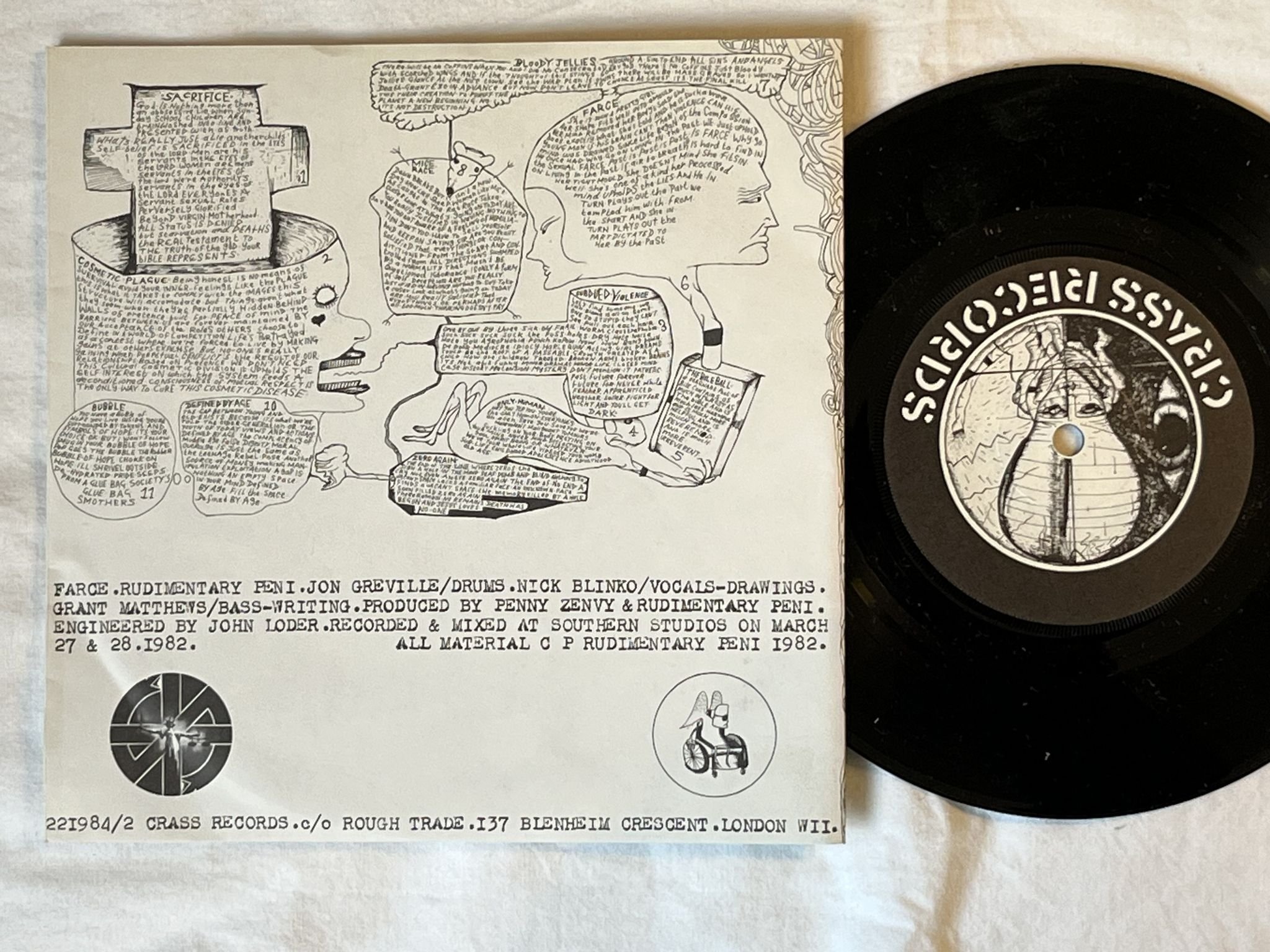 Omslagsbild för skivan RUDIMENTARY PENI Farce 7" -82 UK CRASS 221984/2 *** RARE PUNK ***