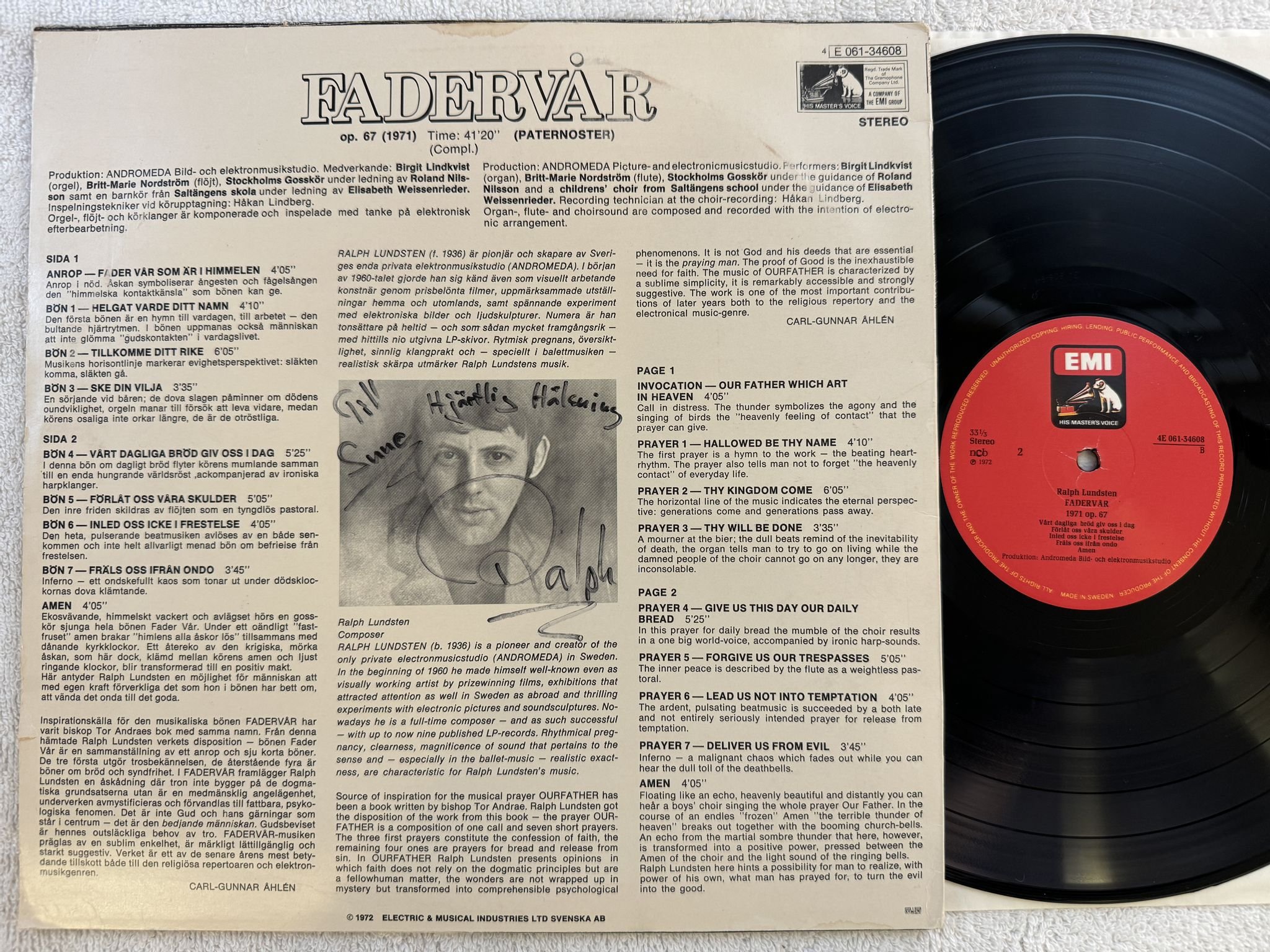 Omslagsbild för skivan RALPH LUNDSTEN fadervår LP re HMV 4E 061-34608 *** Signed ***