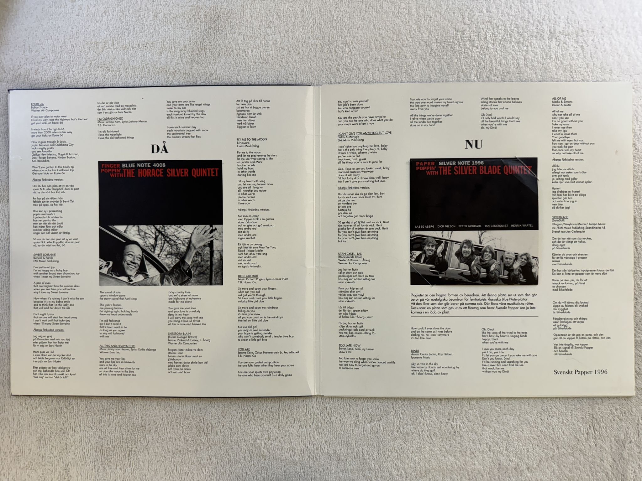 Omslagsbild för skivan THE SILVER BLADE QUINTET A Night At Svenskt Papper -95 CD promo *** Signed ***