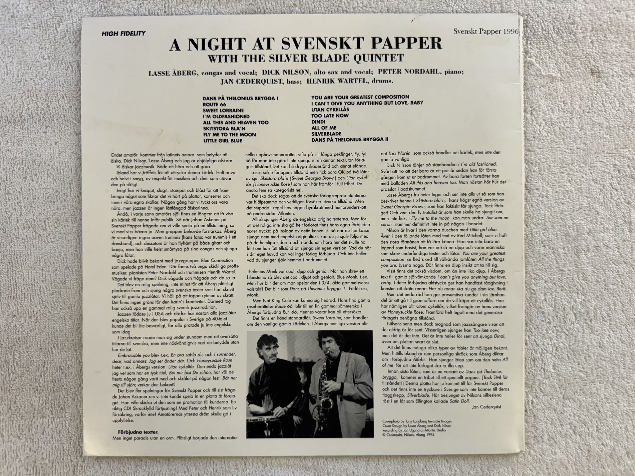 Omslagsbild för skivan THE SILVER BLADE QUINTET A Night At Svenskt Papper -95 CD promo *** Signed ***