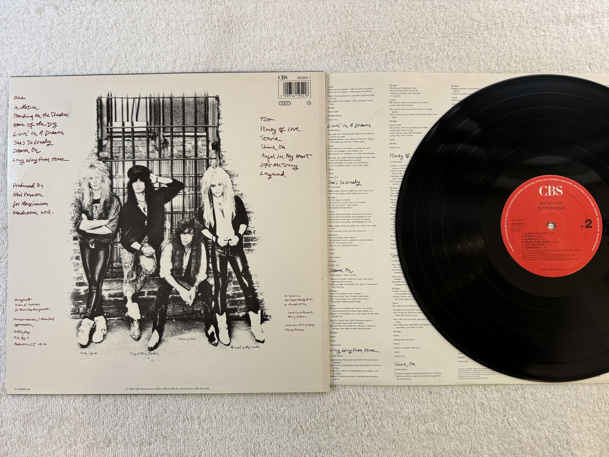 Omslagsbild för skivan BRITNY FOX Boys In Heat LP -89 CBS 4659541. *** FULLY SIGNED ***