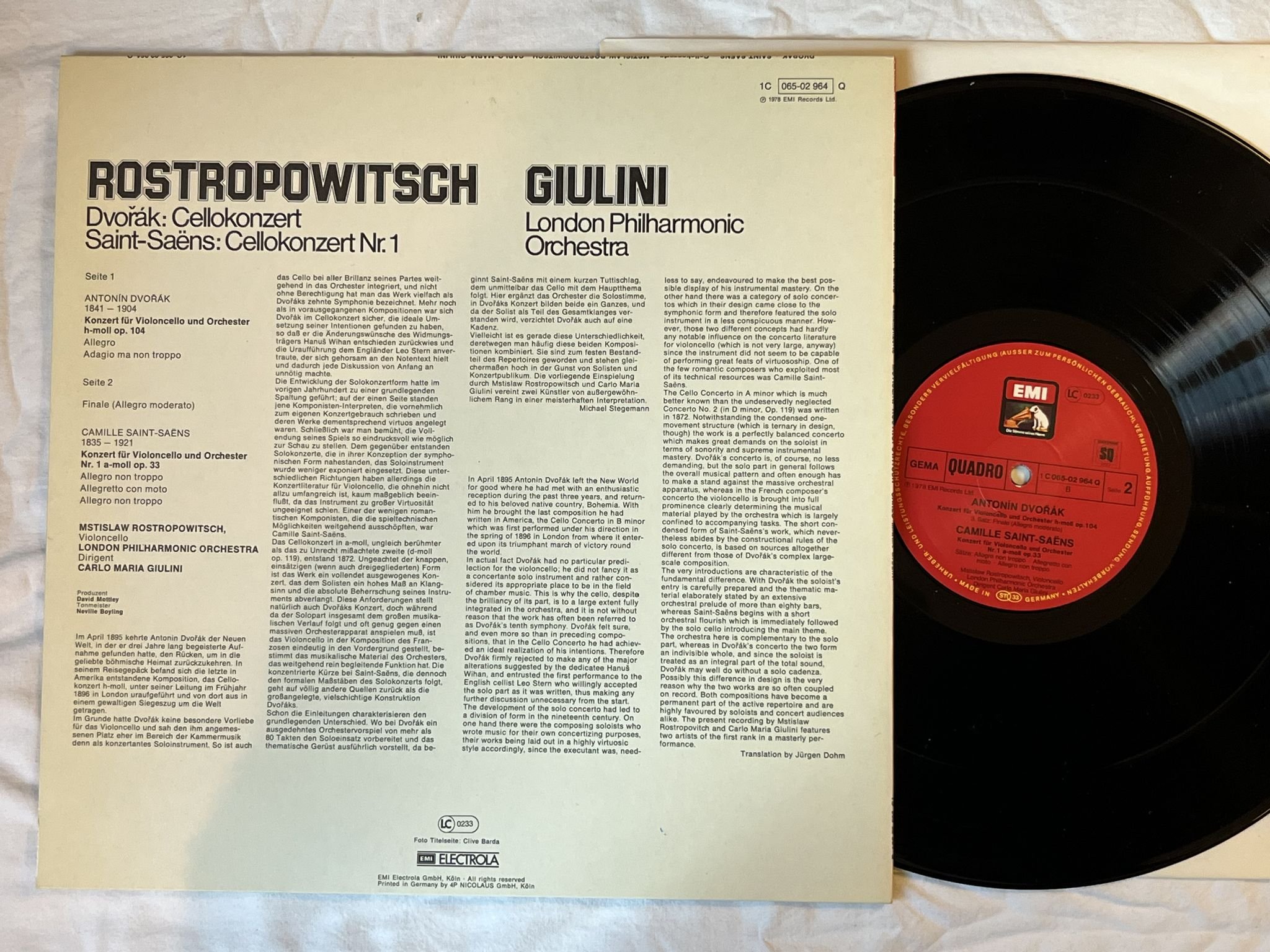 Omslagsbild för skivan Rostropovich - CELLO CONCERTO NO 1 LP -78 Ger HMV 1C 065-02964 Q *** SIGNED **