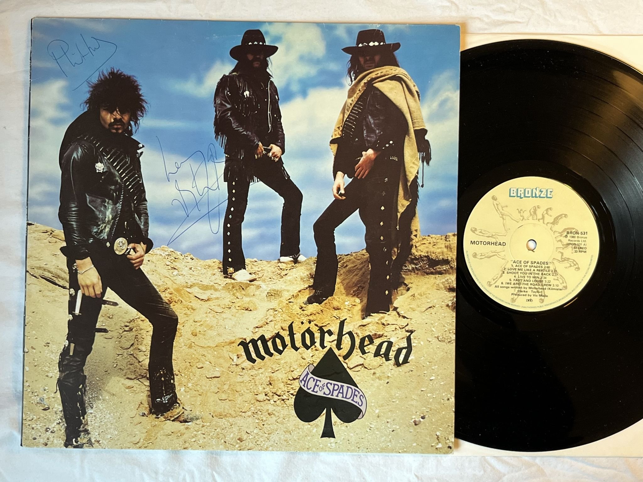 Omslagsbild för skivan MOTORHEAD ace of spades LP -80 ncb BRONZE BRON 531 *** SIGNED by LEMMY ***