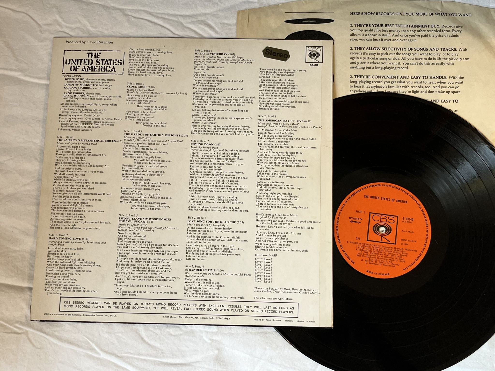 Omslagsbild för skivan THE UNITED STATES OF AMERICA s/t LP -68 UK CBS S 63340 * * R A R E * *