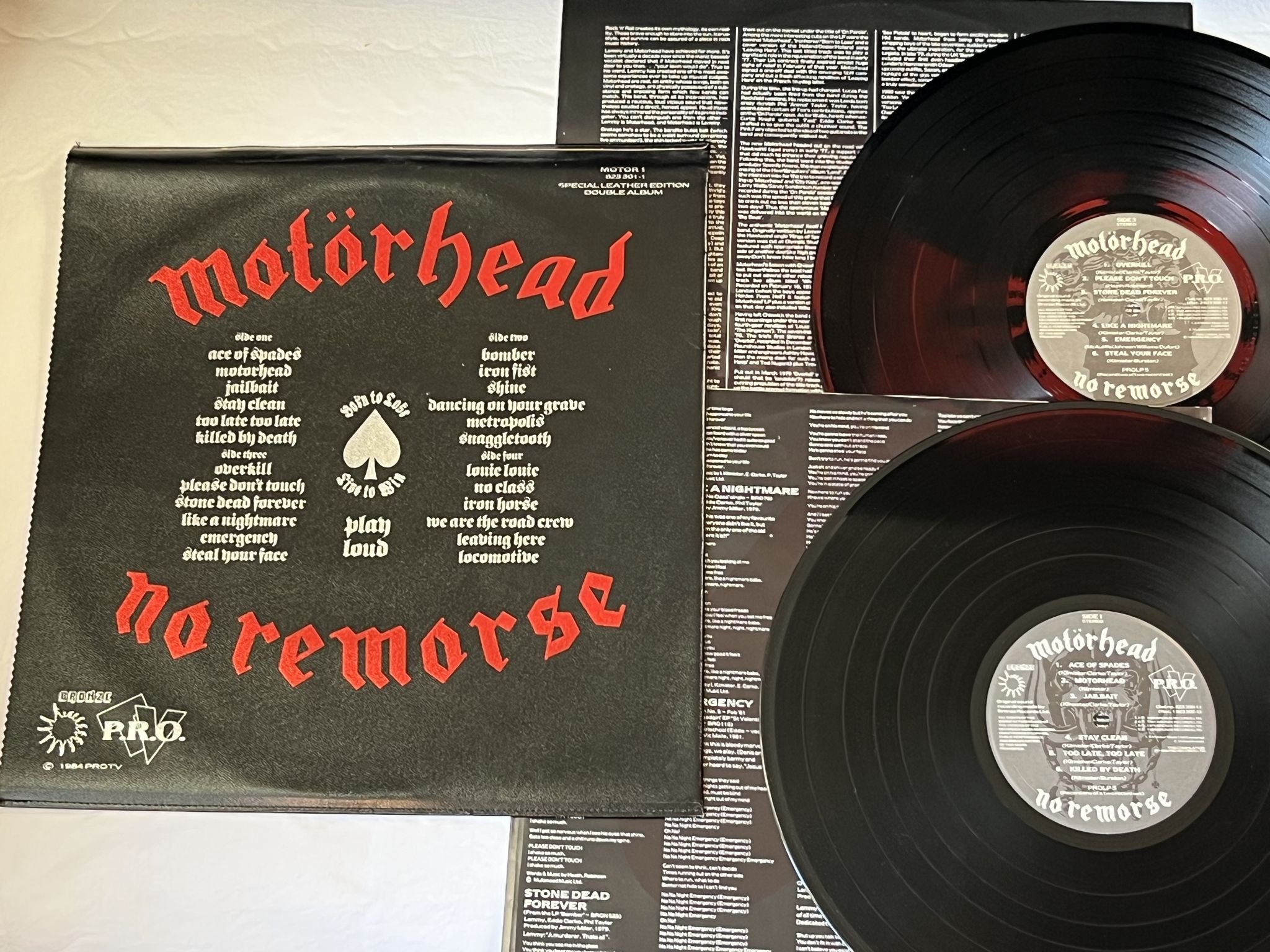 Omslagsbild för skivan MOTÖRHEAD No Remorse 2xLP -84 UK BRONZE MOTOR 1 *** LEATHER SLEEVE ***