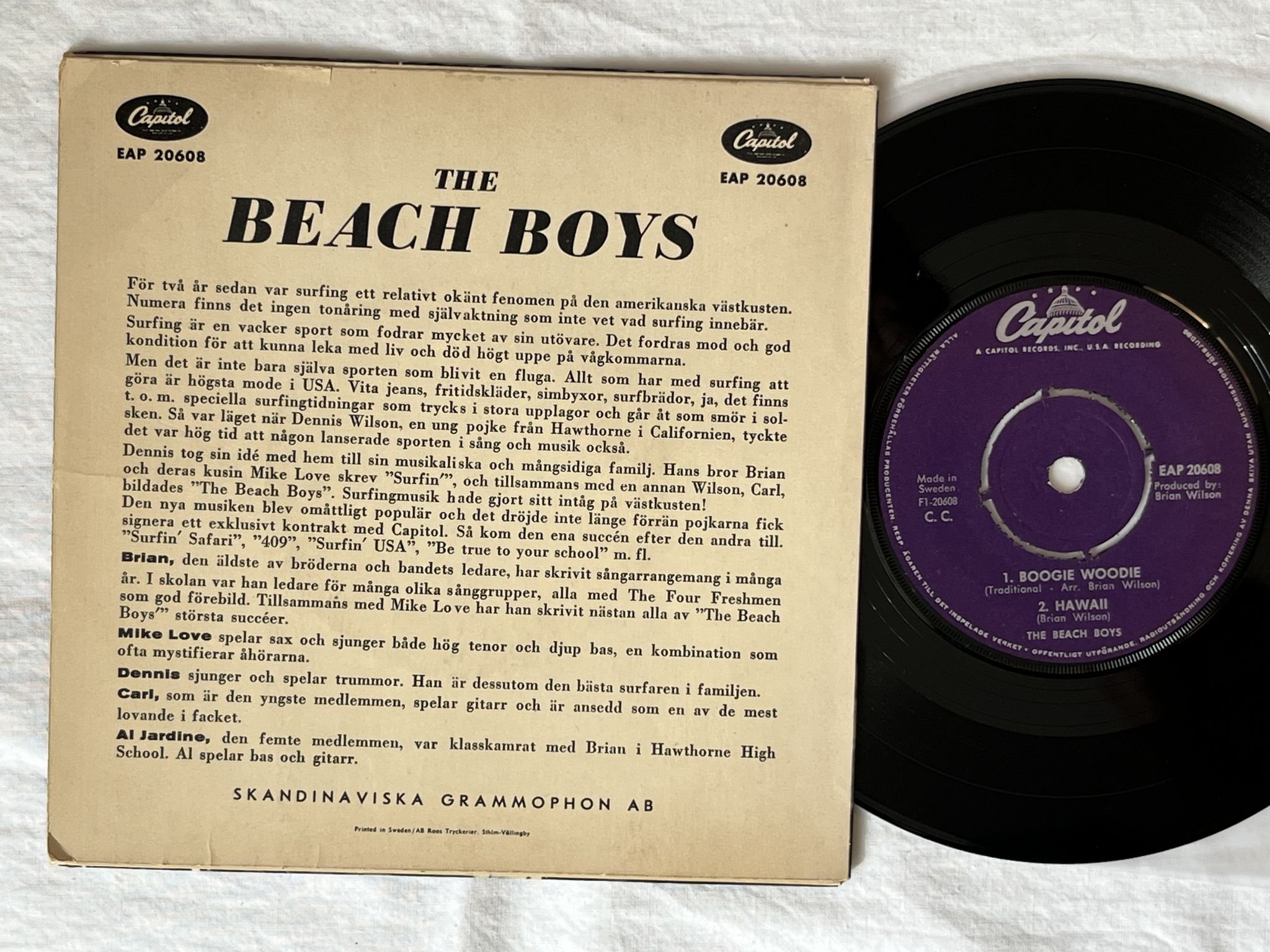Omslagsbild för skivan BEACH BOYS boogie woodie 7"ep -64 Swe CAPITOL EAP 20608 *** RARE SURF 45 ***