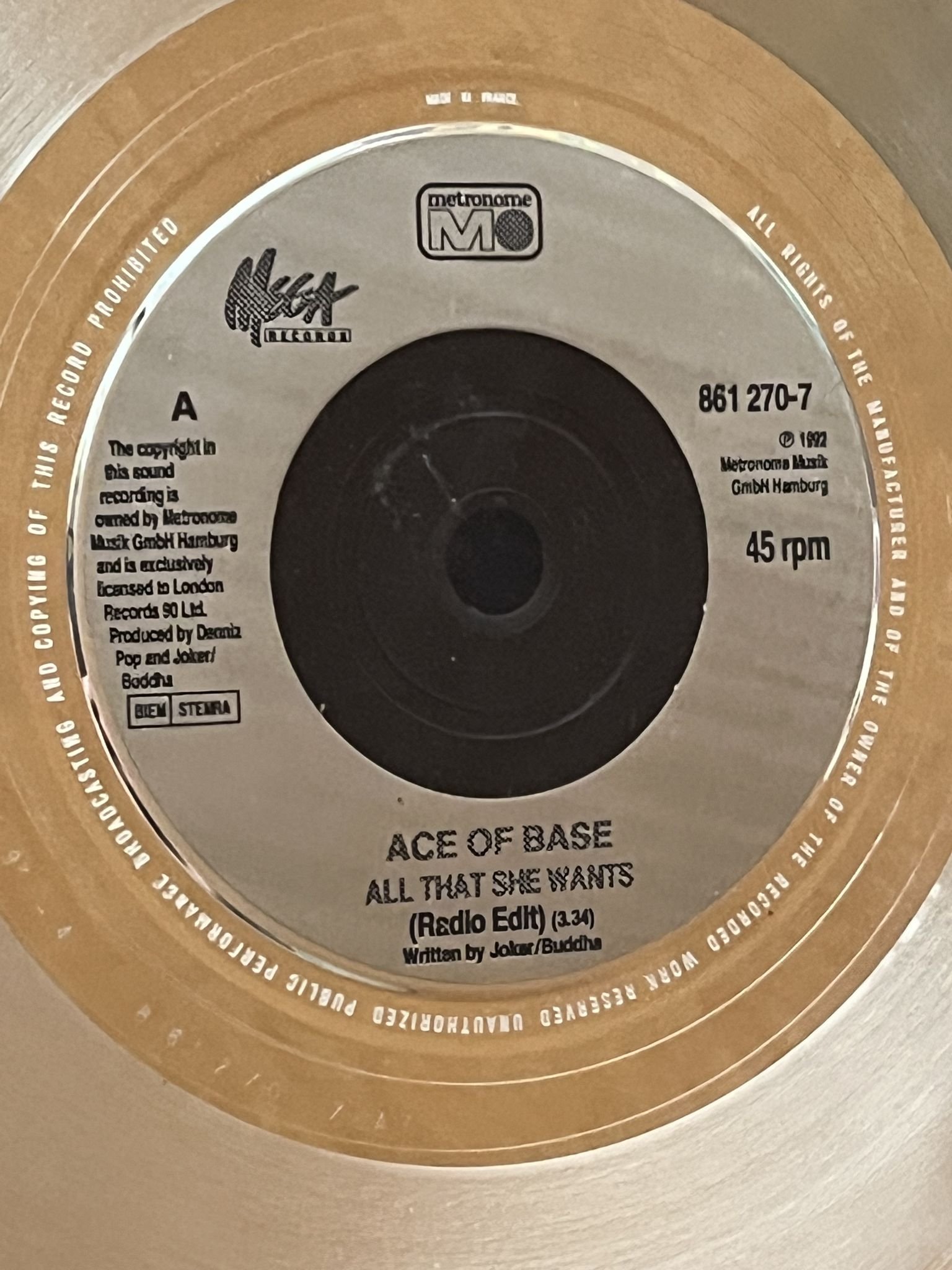 Omslagsbild för skivan ACE OF BASE All That She Wants 7" Framed certified platinum award from The UK