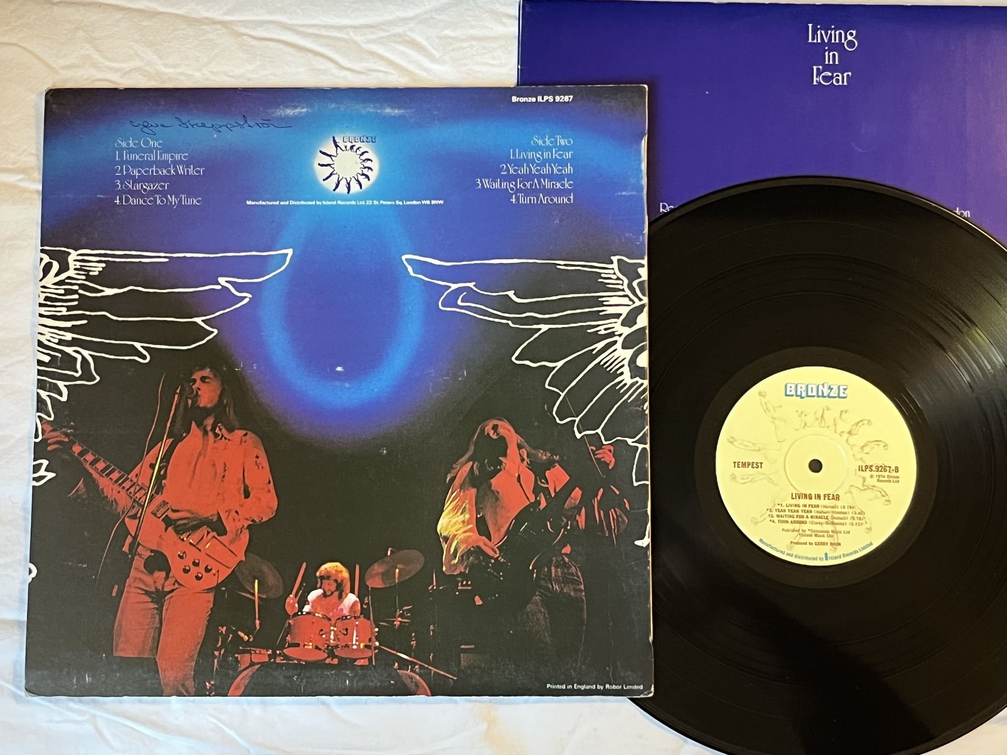 Omslagsbild för skivan TEMPEST living in fear LP -74 UK BRONZE ILPS 9267