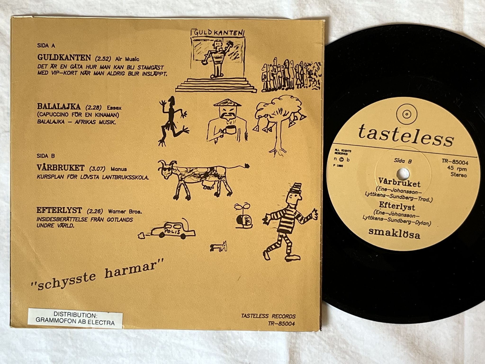 Omslagsbild för skivan SMAKLÖSA Schysste Harmar 7"EP -85 TASTELESS TR-85004