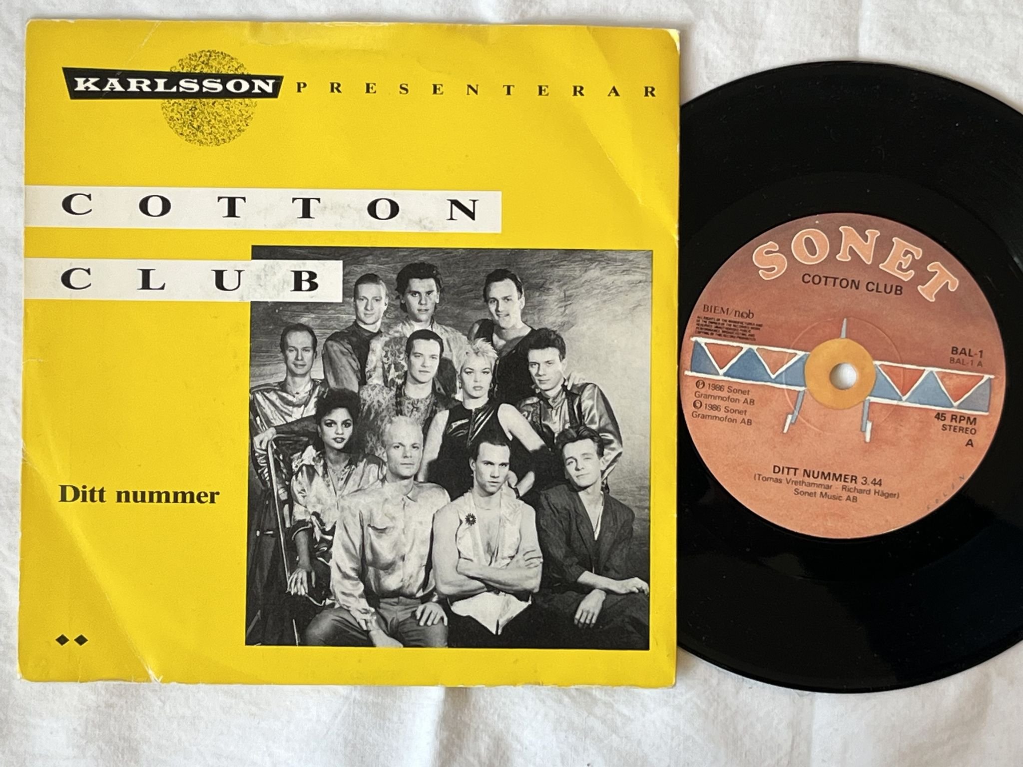 Omslagsbild för skivan COTTON CLUB ditt nummer 7" -86 Swe SONET BAL-1 *** Swedish modern soul ***