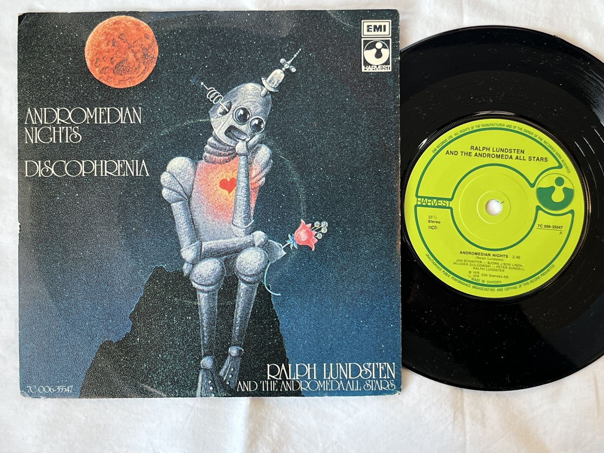 Omslagsbild för skivan RALPH LUNDSTEN Discophrenia 7" -78 HARVEST 7C 006-35547 *** COSMIC DISCO ***