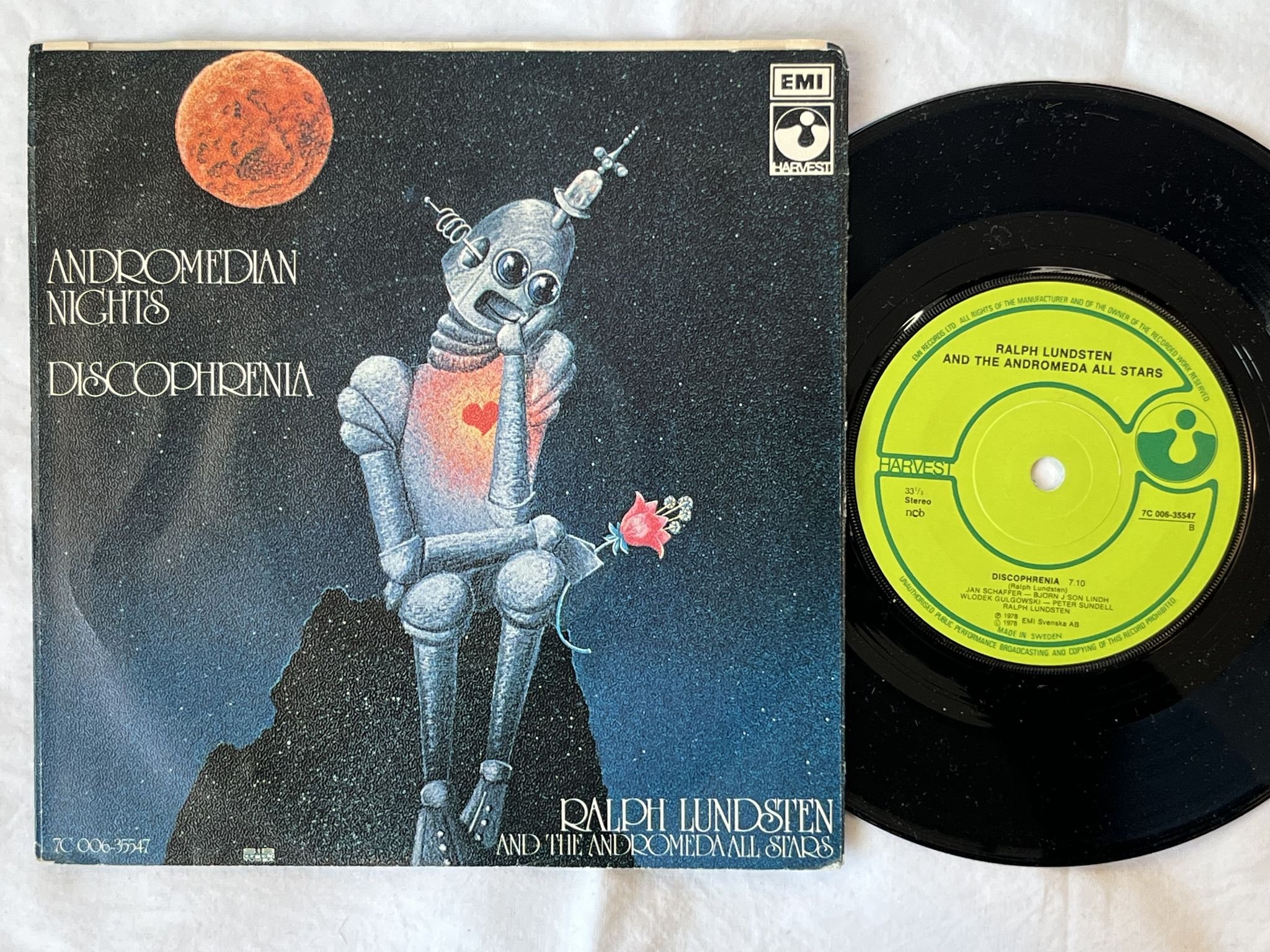 Omslagsbild för skivan RALPH LUNDSTEN Discophrenia 7" -78 HARVEST 7C 006-35547 *** COSMIC DISCO ***