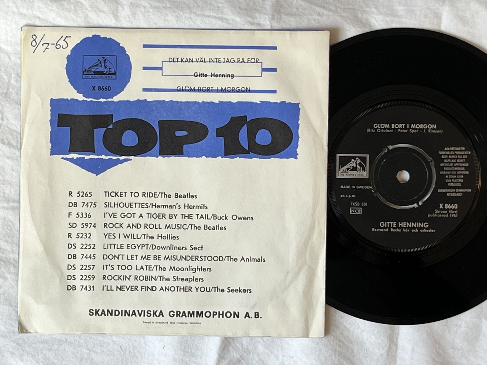 Omslagsbild för skivan GITTE HENNING det kan väl inte jag rå för 7" -65 HMV X8660 * Serge Gainsbourg *