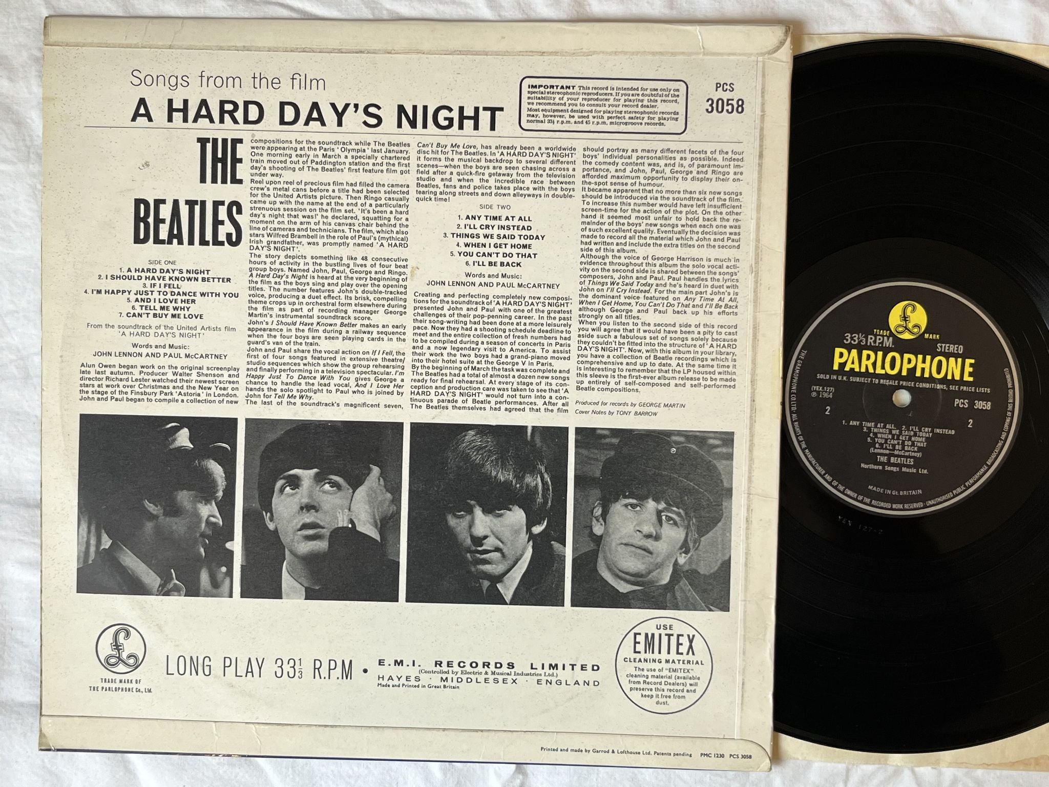 Omslagsbild för skivan THE BEATLES a hard days night LP -64 UK PARLOPHONE PCS 3058