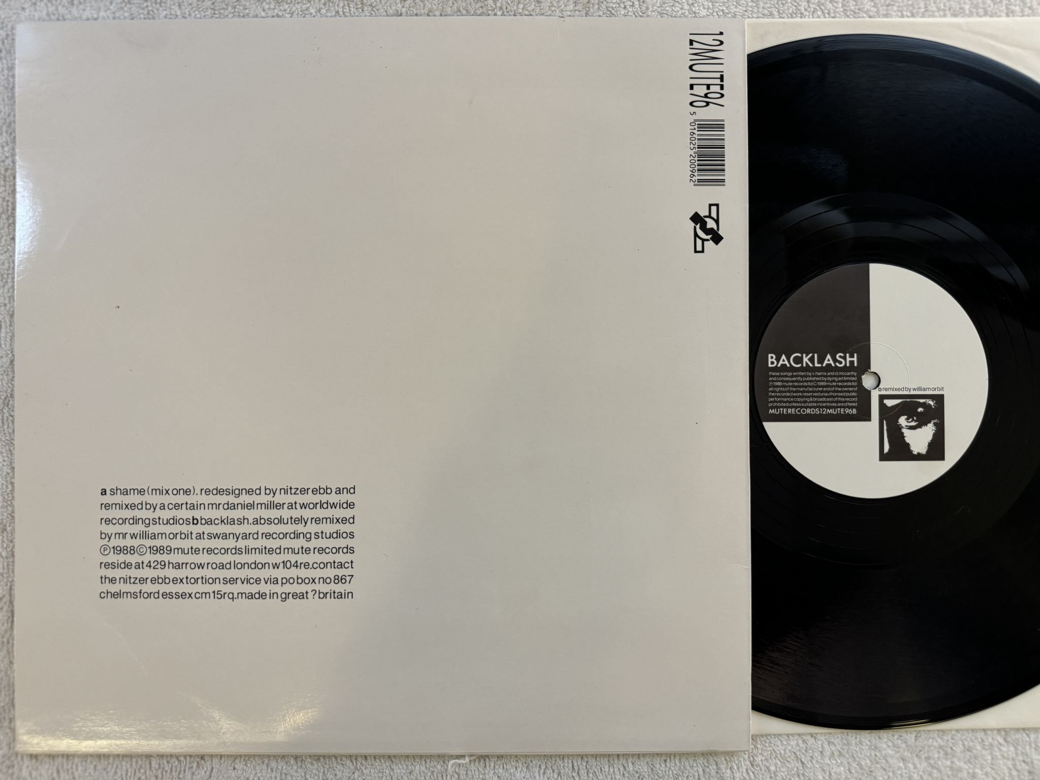 Omslagsbild för skivan NITZER EBB shame 12" -89 UK MUTE 12MUTE96