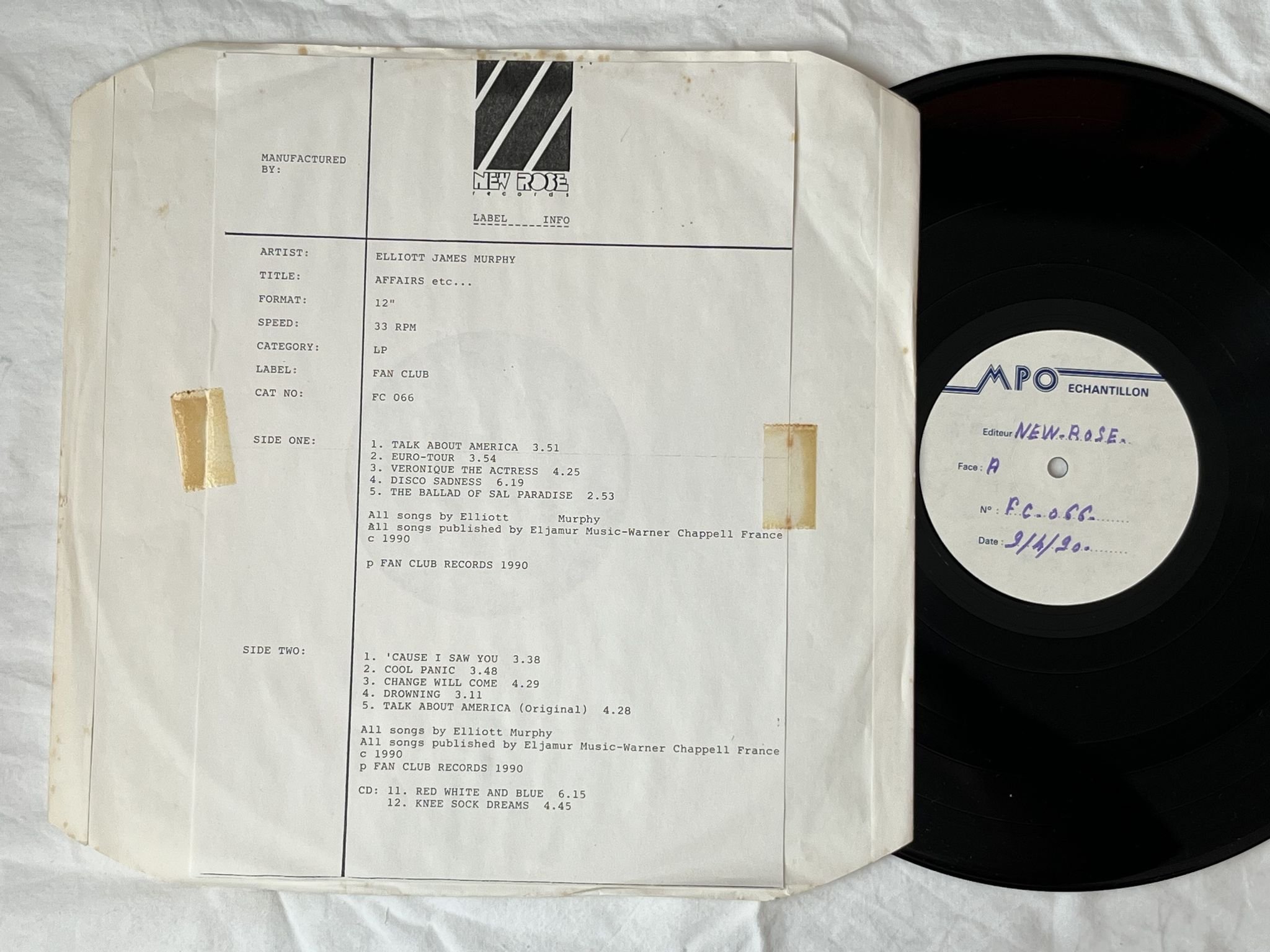 Omslagsbild för skivan ELLIOTT JAMES MURPHY Affairs Etc... LP -90 Fra FAN CLUB FC 066 ** PROMO **