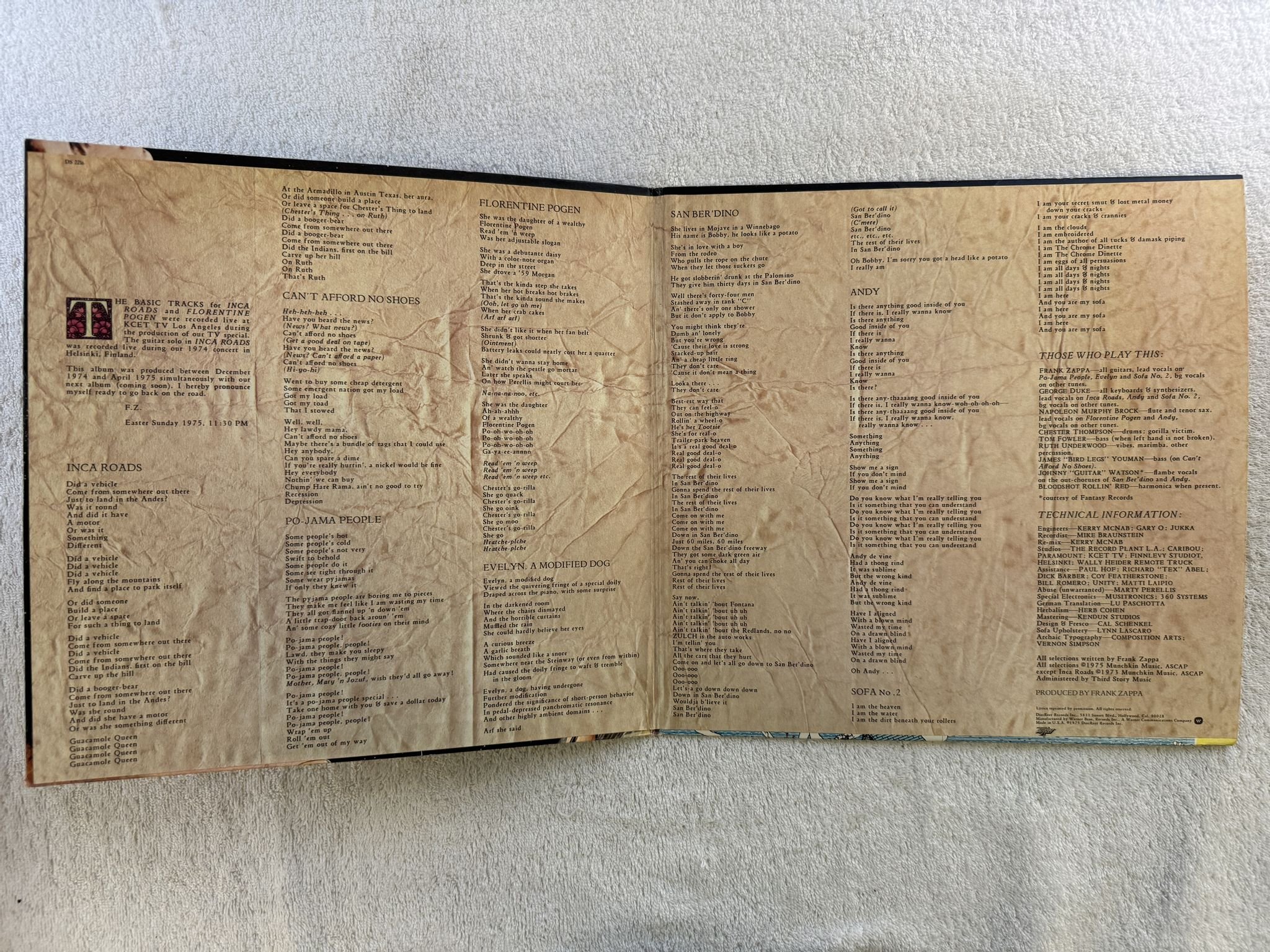 Omslagsbild för skivan FRANK ZAPPA one size fits all LP -75 US DISCREET DS 2216