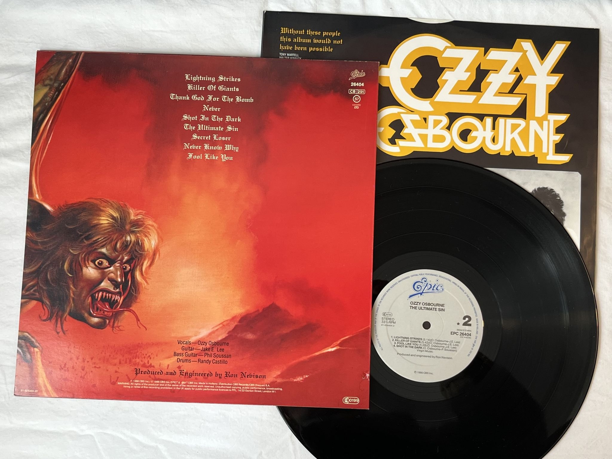 Omslagsbild för skivan OZZY OSBOURNE the ultimate sin LP -86 Hol EPIC EPC 26404